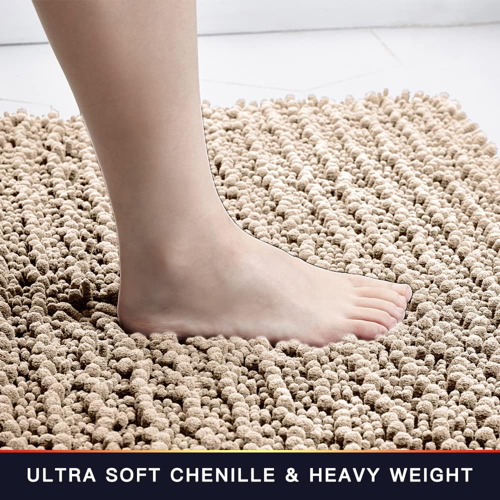 Walensee Bathroom Rug 2 Pieces Set Non Slip Bath Mat (17x24 Plus 20x32 Inch Beige) Water Absorbent Super Soft Shaggy Chenille Machine Washable Dry Extra Thick Perfect Carpet for Shower Floor