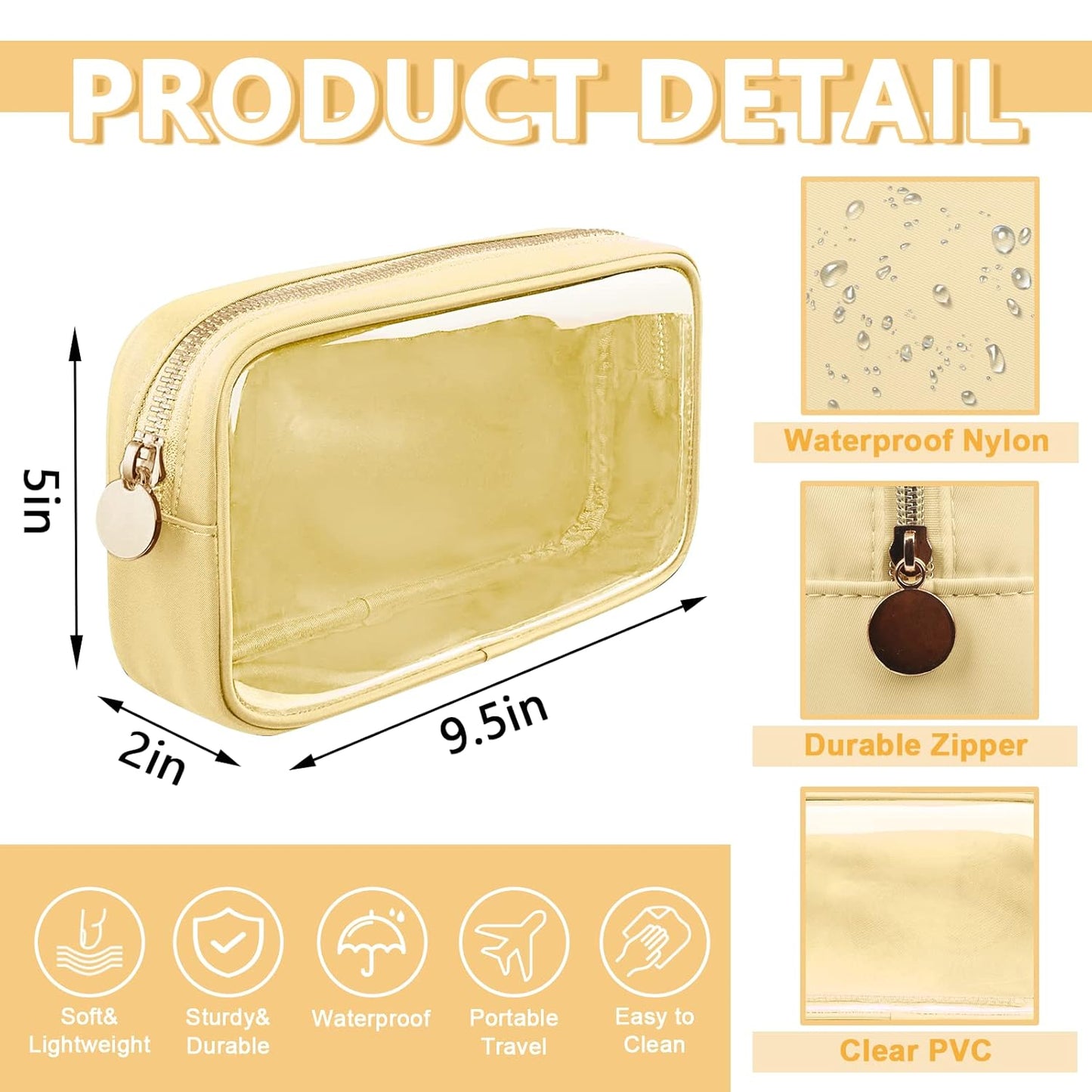 Clear Small Makeup Bag with Zipper, Nylon&PVC Cosmetic Travel Bag Preppy TSA Approved Toiletry Bag for Women Girls, Transparent Waterproof Makeup Pouches Cute Travel Bag for Purse(Small-Beige)