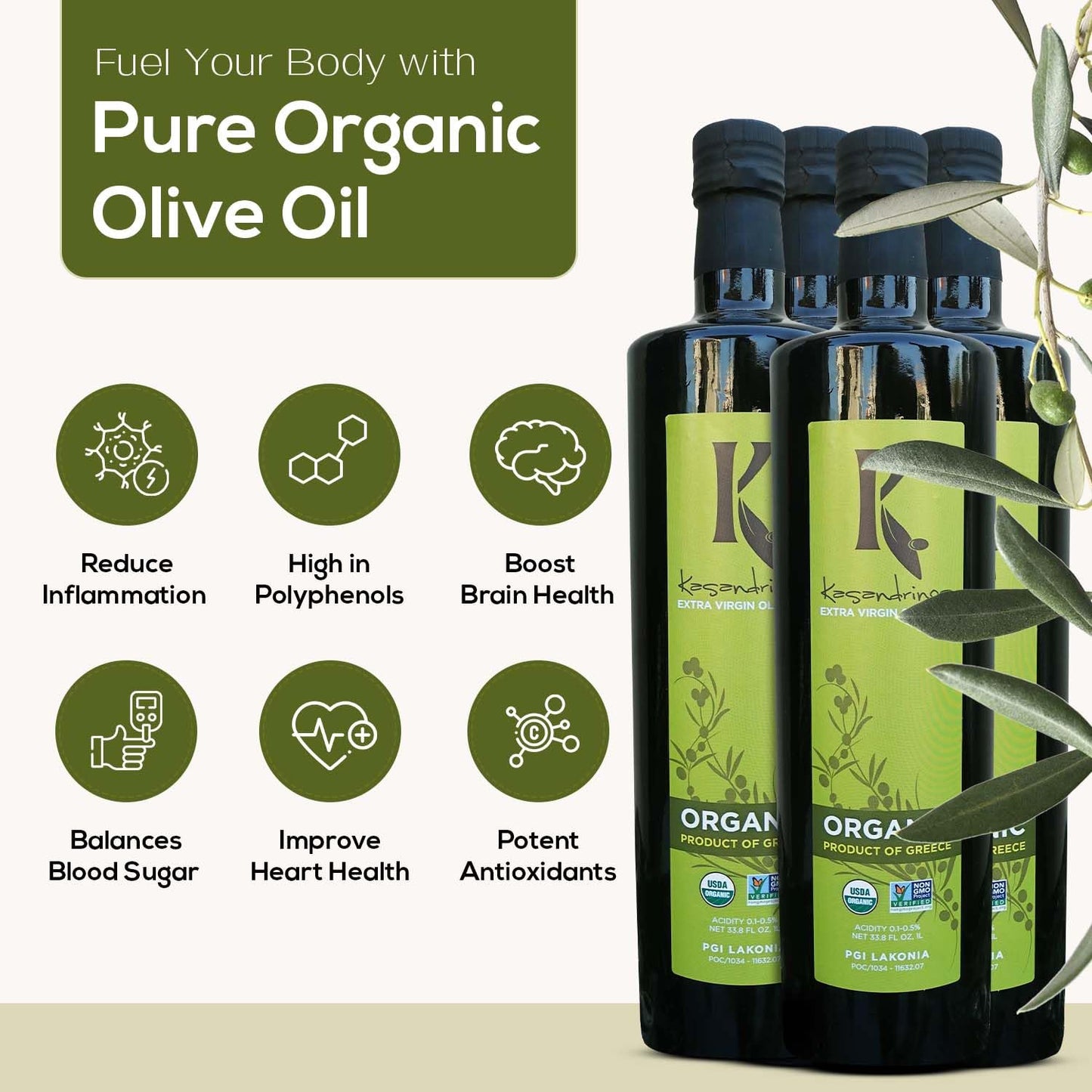 Kasandrinos Organic Olive Oil Extra Virgin, Polyphenol Rich Greek Olive Oil, 100% Organic First Cold Pressed, Mild + Delicate Flavor, Verified by Non GMO, 1 L / 33.8 oz (Pack of 4)