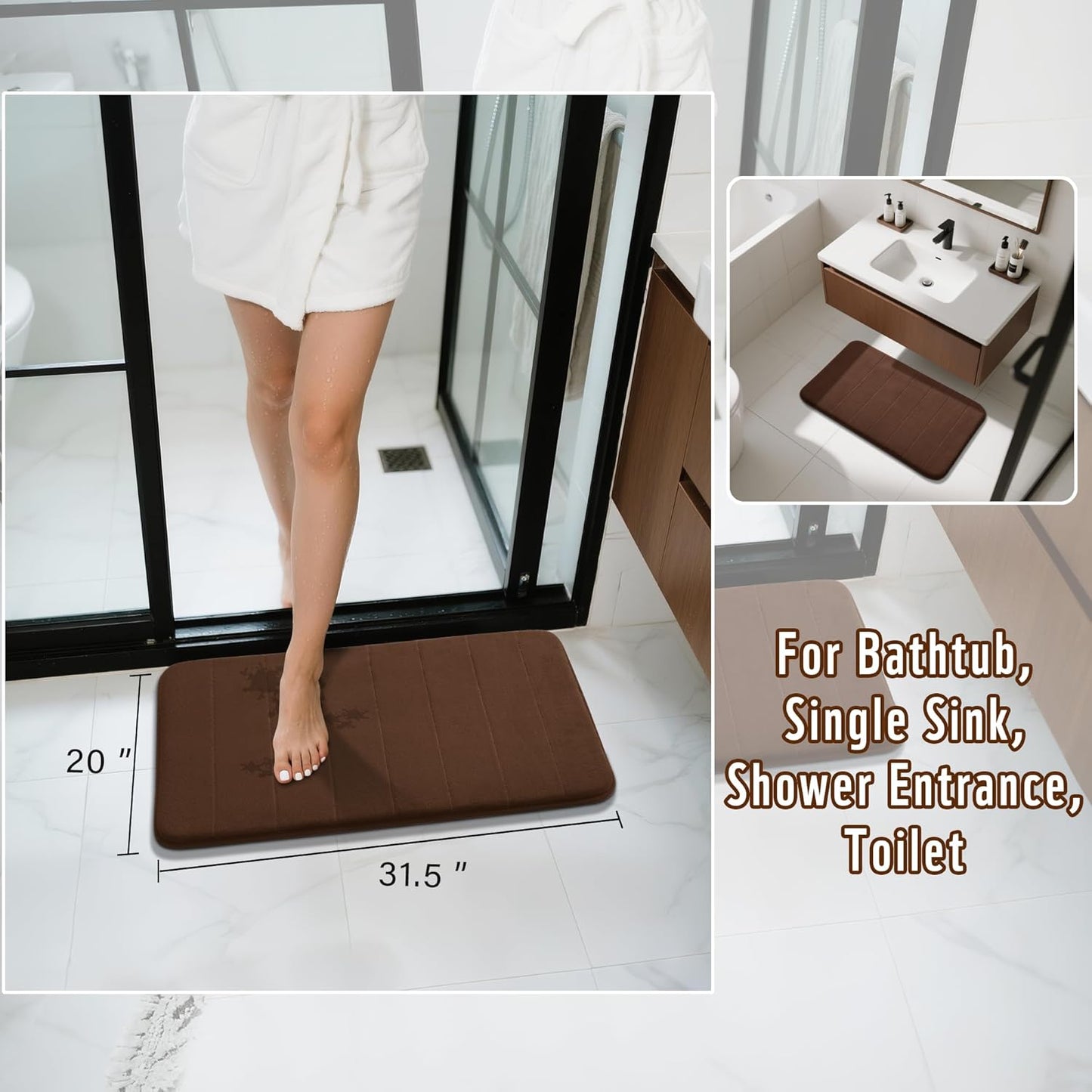 Yimobra Brown Bath Mat 31.5x20 Inch, Super Soft Absorbent Memory Foam Bathroom Rug Non Slip, Quick Dry, Machine Washable Floor Carpet for Tub Shower, Home Decor Accessories