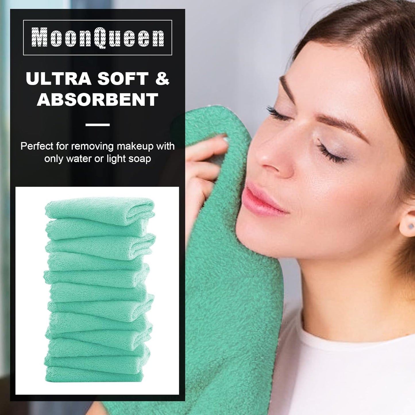 MOONQUEEN Microfiber Facial Cloths Fast Drying Washcloth 12 Pack - Premium Soft Makeup Remover Cloths - Aqua Green
