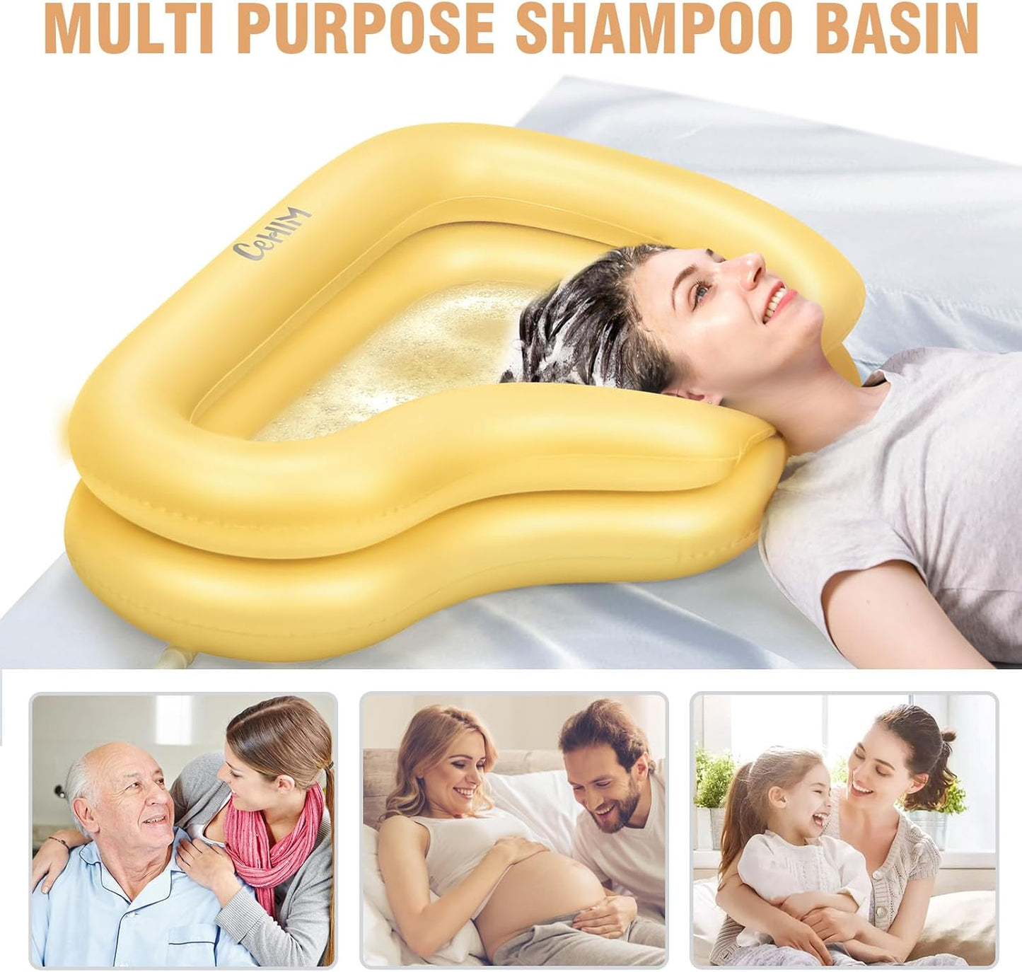 Portable Inflatable Shampoo Basin for Bedridden & Elderly - Zero Pooling Design | Fast-Drain Slope & Neck Support | Portable Hair Wash Bowl, Drain Hose | Hospital PVC | Home Use (Yellow, Large)