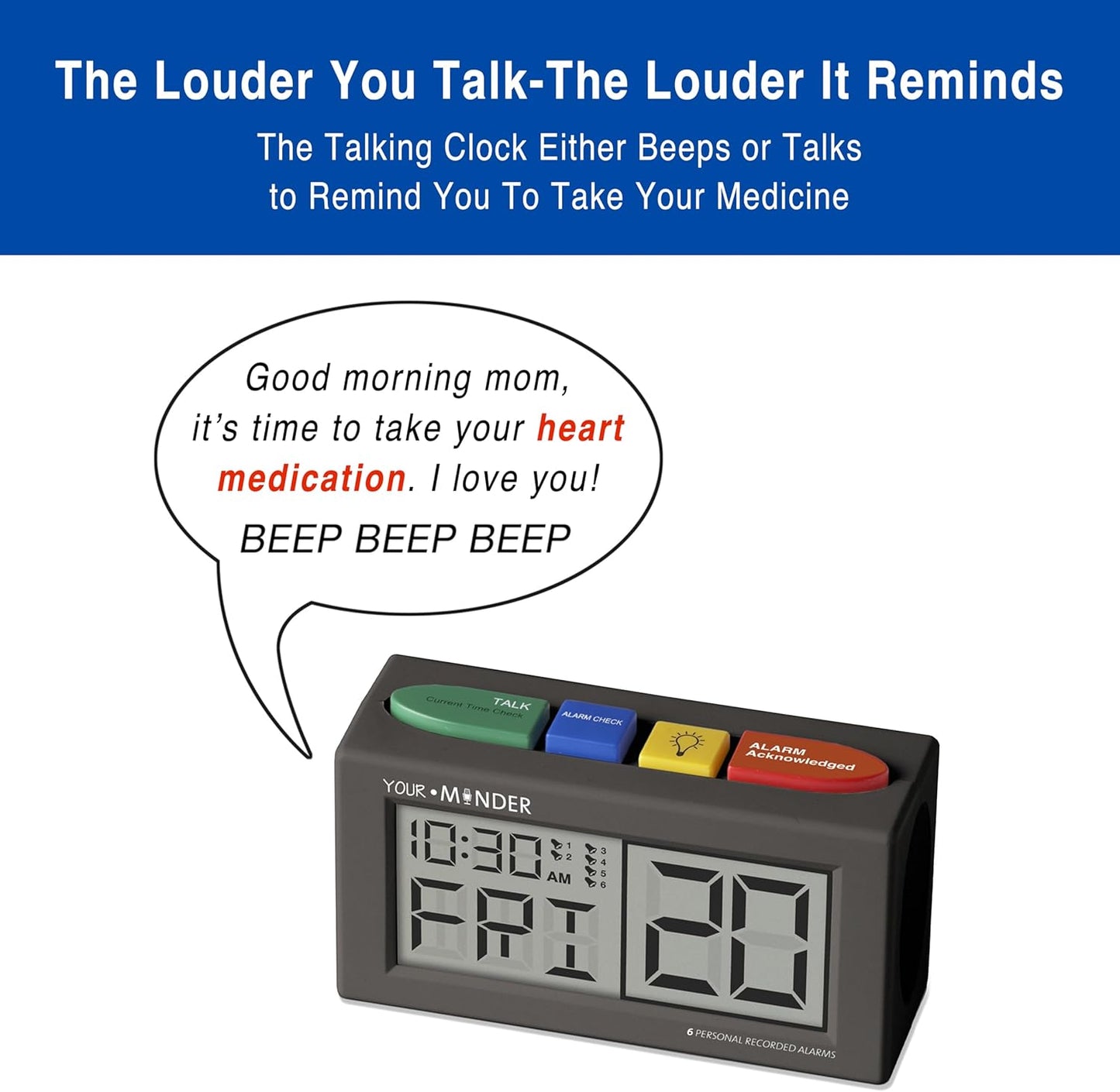 Your Minder Voice Record and Alarm Replay Reminder Clock with Loud Multiple Alarms, Recordable Talking Alarm Clock for Medication Reminders (With Adapter) Gift for Mom, Dad, Elderly, Seniors
