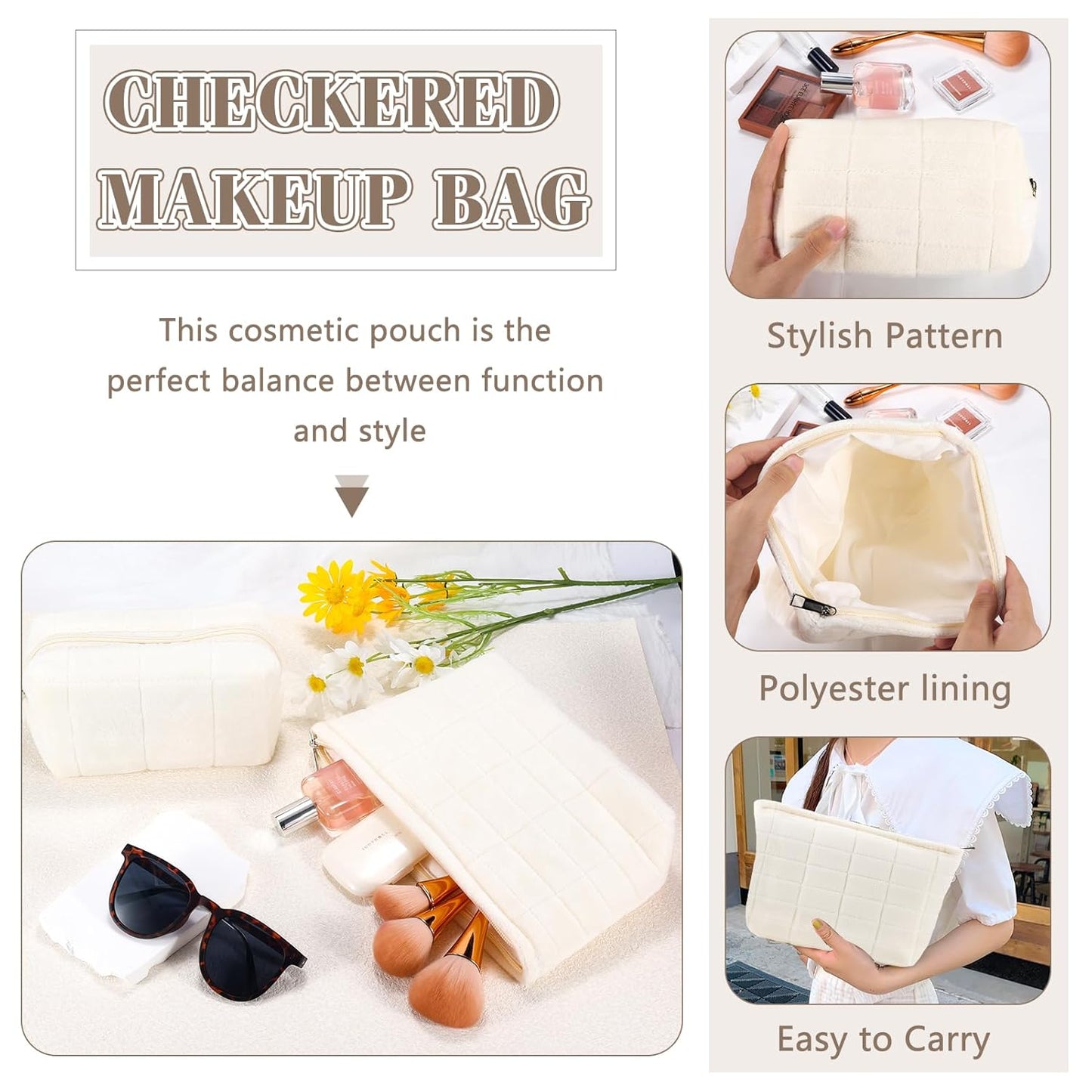 ZLFSRQ 2Pcs Makeup Bag for Women Trendy Large Capacity Cosmetic Bags Plush Pencil Case White Checkered Pouch for Purse Coquette Zippered Toiletry Bag Organizer Y2K Aesthetic Pencil Pouch