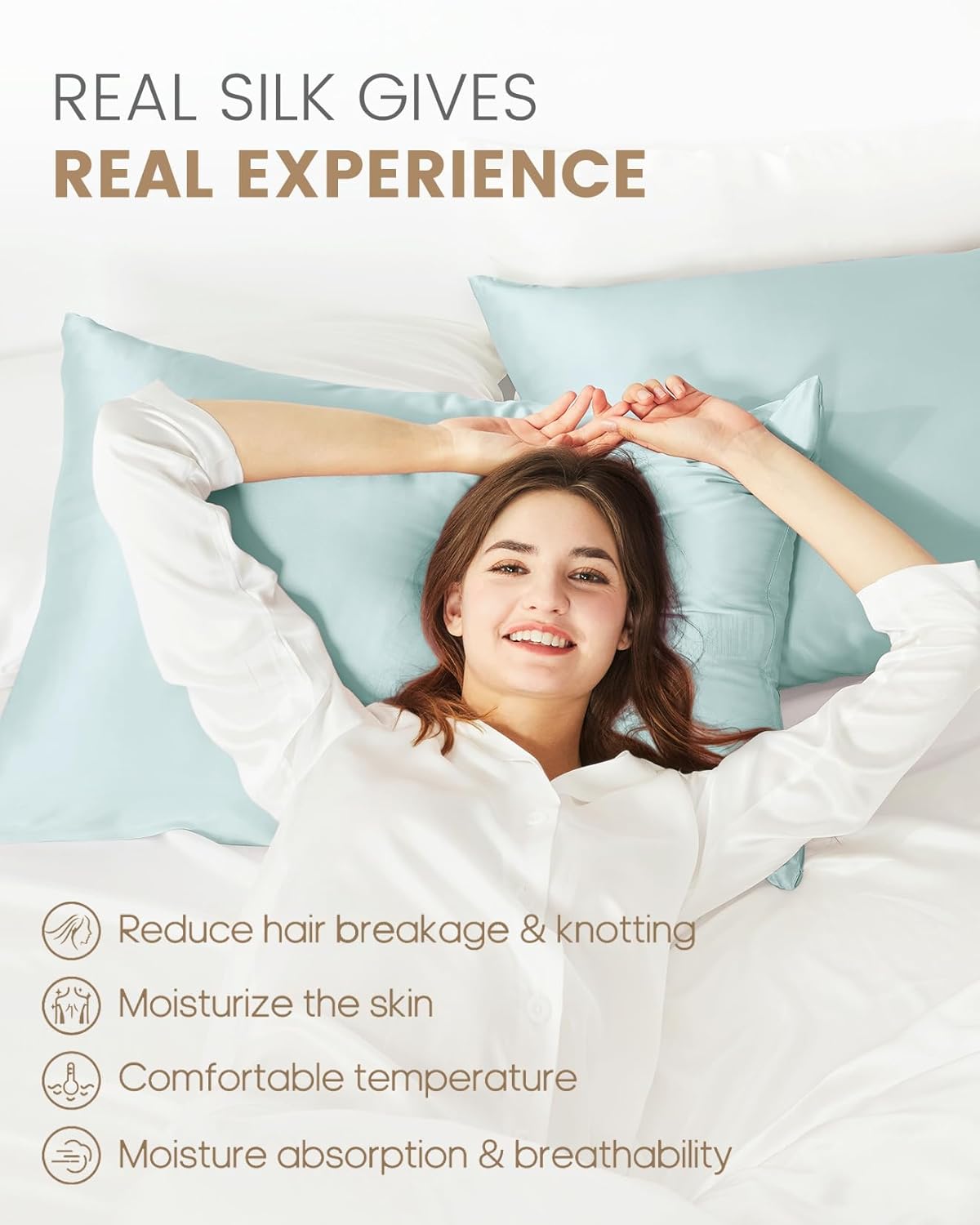 THXSILK Set of 2 100% Mulberry Silk Pillowcase for Hair and Skin, Grade 6A+ Mulberry Silk Pillow Cases Ultra-Soft, Hypoallergenic Pillow Case Cover with Zipper (Queen 20"x30", Light Blue)