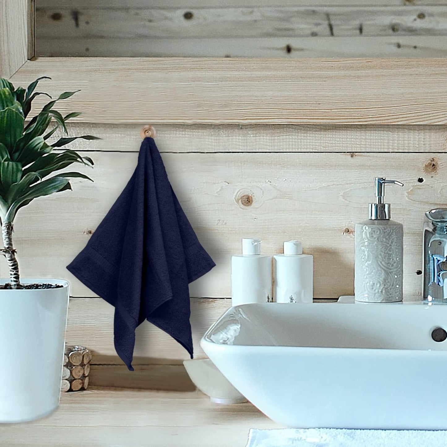 Monogrammed Hand Towel, Personalized Initial Gift, Extra Absorbent 100% Turkish Cotton - Soft Terry Finish - Set of 2 - White Block Initial E - Embroidered on Navy Blue Towels