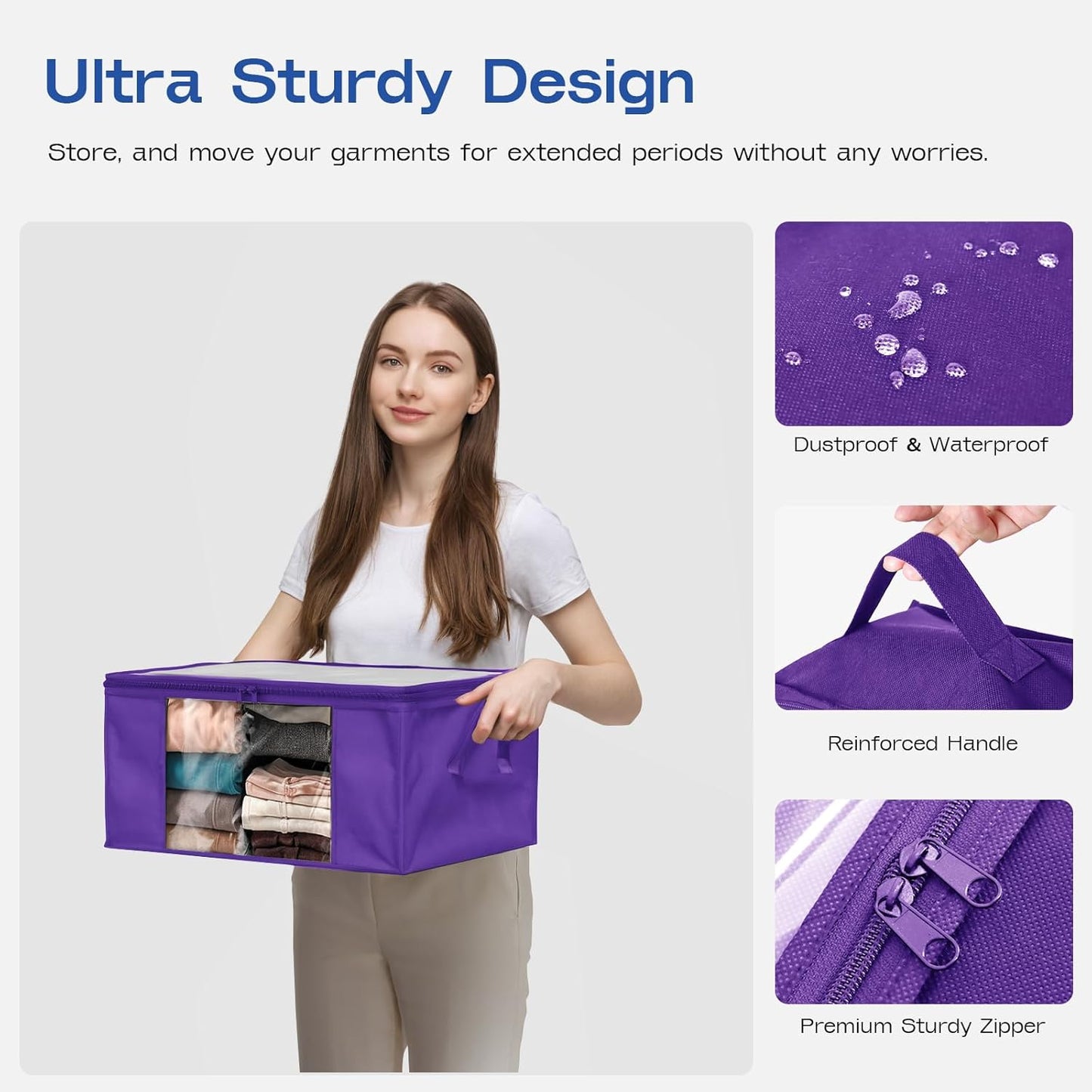 Clothes Storage Bags, Foldable Thick Fabric Blanket Storage Bags, Large Clear Window & Carry Handles, Great for Clothes, Blankets, Closets, Pillows, Toys (Purple, 6PACK)