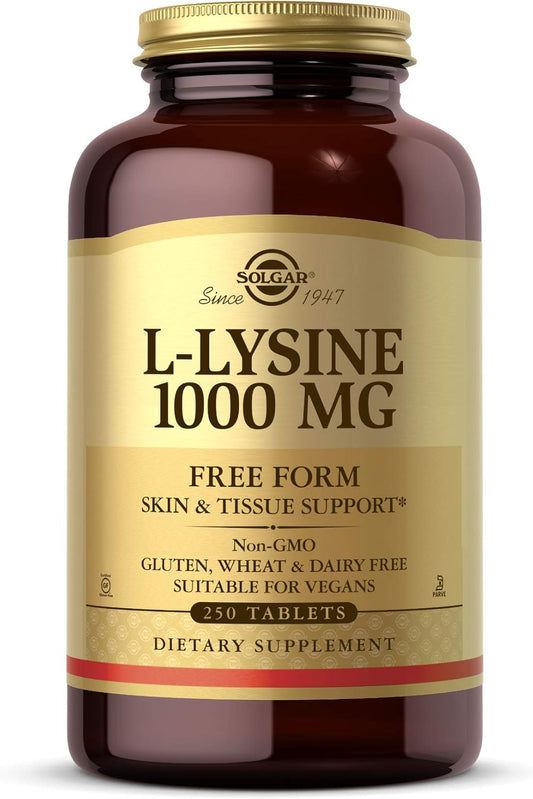 Solgar L-Lysine 1000 mg, 250 Tablets - Enhanced Absorption and Assimilation - Promotes Integrity of Skin and Lips - Collagen Support - Amino Acids - Non-GMO, Vegan, Gluten Free - 250 Servings
