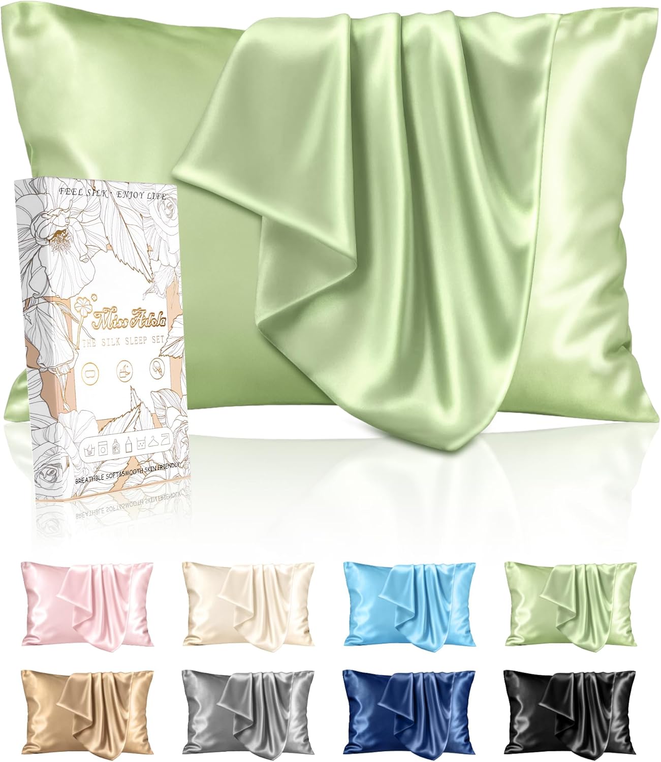 Silk Pillowcase 2 Pack - Pillow Cases Standard Set of 2 Size 20" x 26" for Hair and Skin Smooth Soft Breathable with Hidden Zipper Cooling Pillow Covers for Women, Light Green