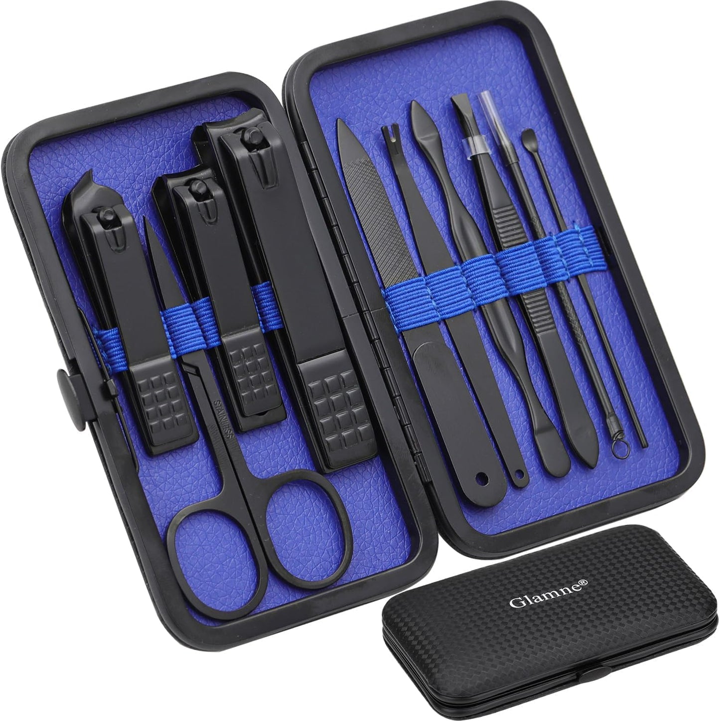 Manicure Set Nail Clippers Kit Professional Stainless Steel Nail Care Tools with Leather Travel Case 10 in 1 Blue