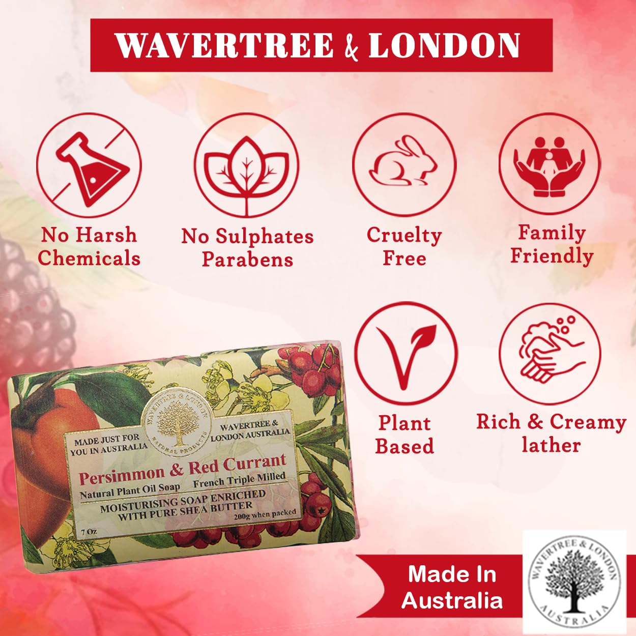 Wavertree & London Persimmon & Red Currant Scented Natural Soap (8 Bars), 7oz Moisturizing French Triple Milled Soap Bars enriched with shea butter - Pure Plant Oil Bath & Body Bars for All Skin Types