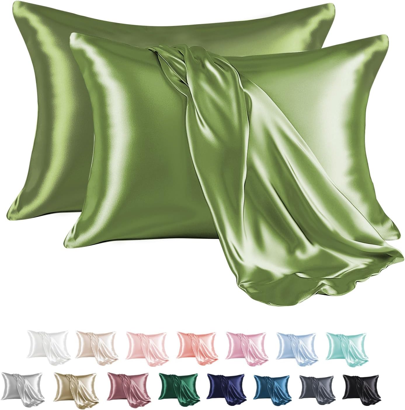 MR&HM Satin Pillowcase for Hair and Skin, Silk Satin Pillowcase 2 Pack, King Size Pillow Cases Set of 2, Silky Pillow Cover with Envelope Closure (20x36, Sage)