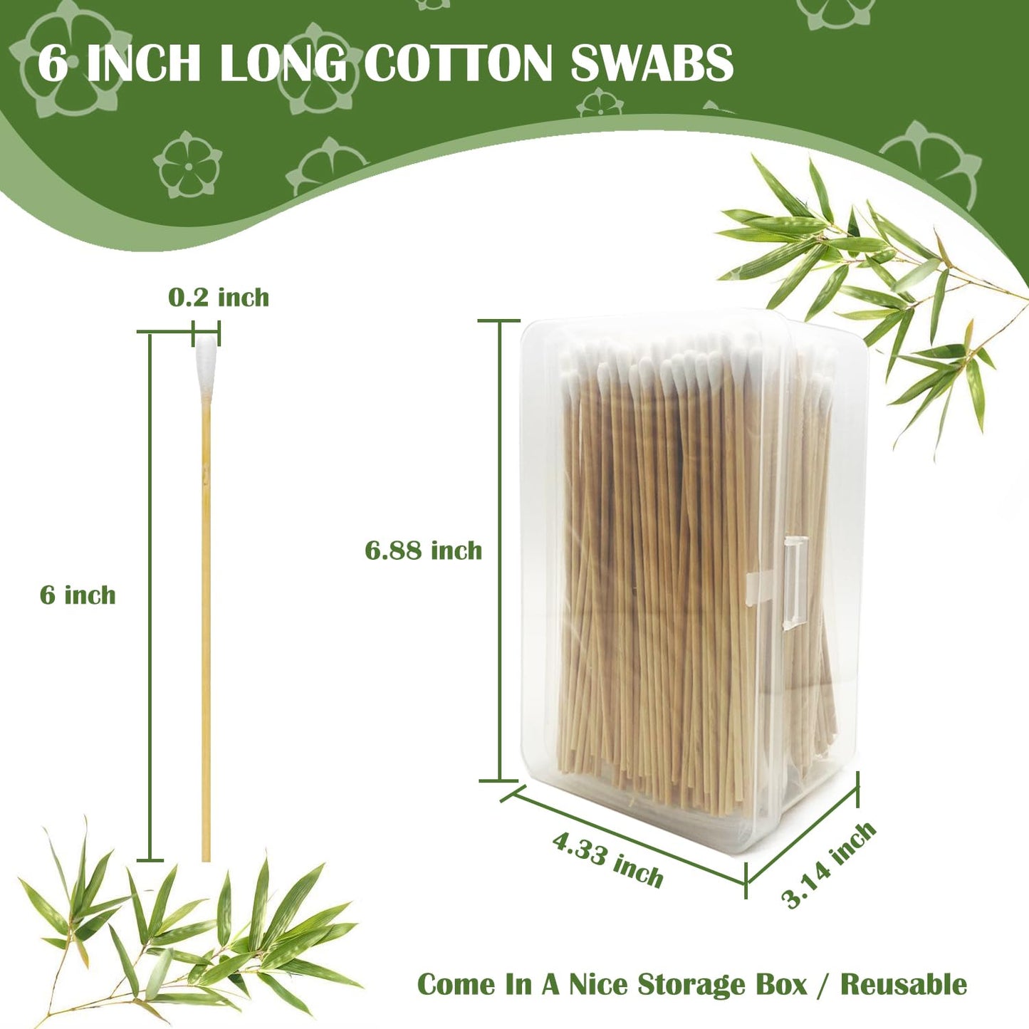 6 inch Long Cotton Swabs in Storage Box 500PCS,Bamboo Sticks & Highly Absorbent Tipped Applicators for Makeup, Gun Cleaning, Pet Care