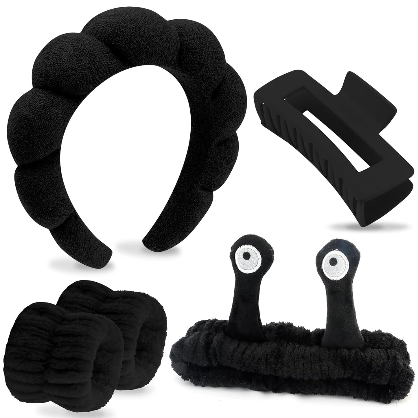 VELSCRUN Spa Headband, Makeup Face Wash Skincare Headbands, 5 Pcs Sponge Get Ready Snail Hairband Facial Wristband Hair Clip Set, Stuff for Teen Girls Women Trendy Hair Accessories Black