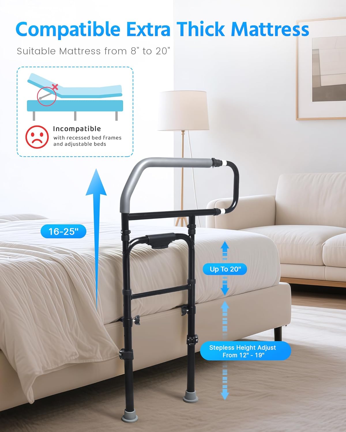 Sangohe Bed Rails for Elderly Adults Safety - Heavy Duty Bed Rail for Senior & People Falling Out of Bed - Bed Rail for Elderly, Height Adjustable, Fits Thick Mattress, Hold up to 300 Lbs, 504Q