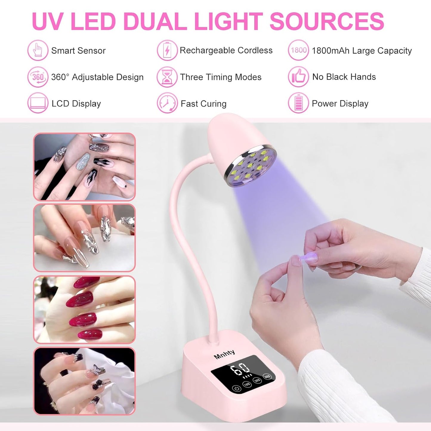 U V LED Nail Lamp, Goose Neck Flash Cure Lamp 27W Rechargeable Mini U V Light for Gel Nails, Cordless Flash Cure Light with 3 Timers&Sensor, Fast Curing Gooseneck Lamps for Gel X, Pink