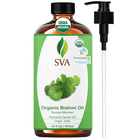 SVA Brahmi Oil Organic - 16 Fl Oz – 100% Natural Cold Pressed Organic Brahmi- for Face, Skin Care, Hair Care, Scalp Massage & Body Massage – Carrier Oil
