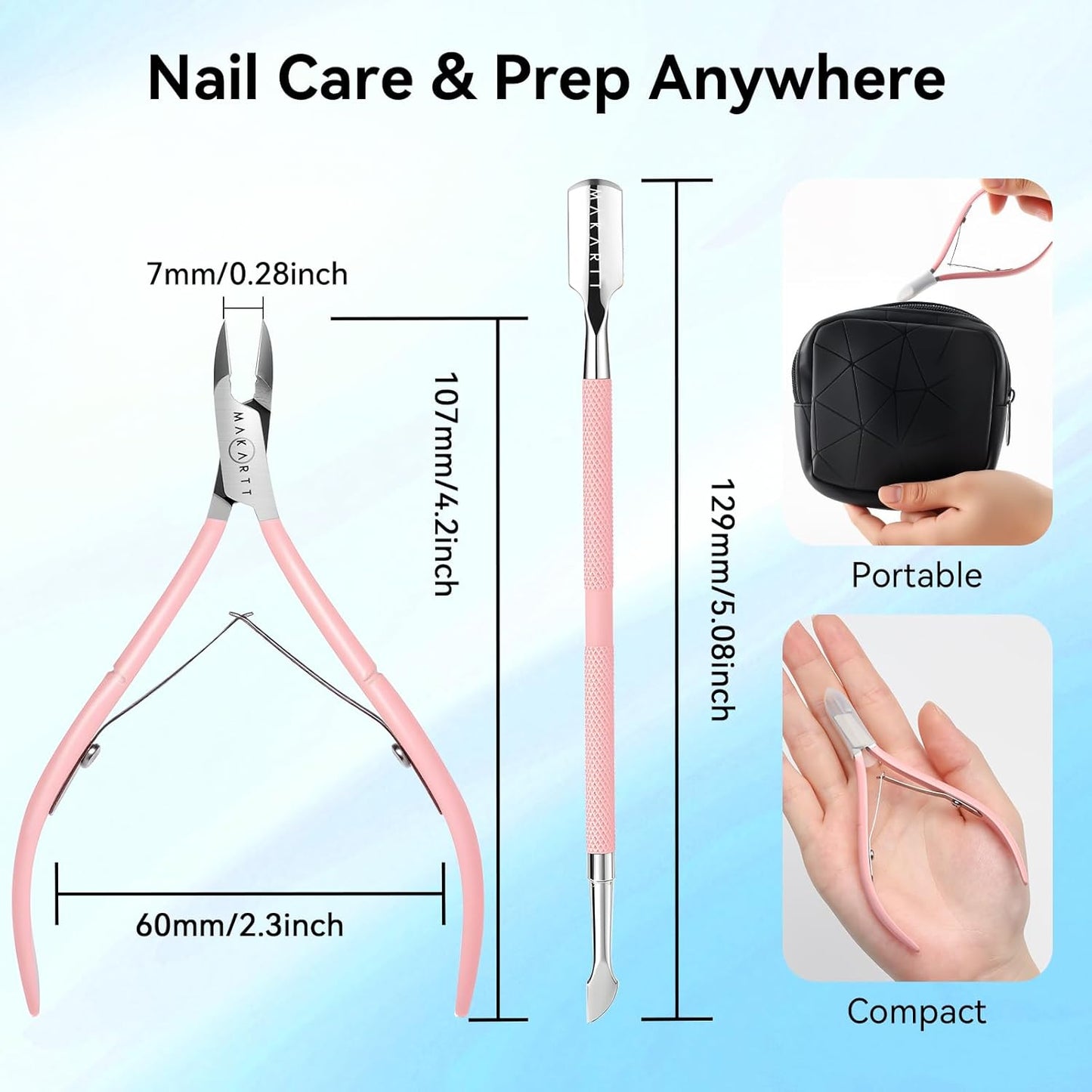 Makartt Cuticle Trimmer with Cuticle Pusher - Stainless Steel Cuticles Nipper with Dual Spring, Ergonomic Handle, 7mm Blade & Dual-Ended Pusher for Nail Care & Gel Removal, Pink