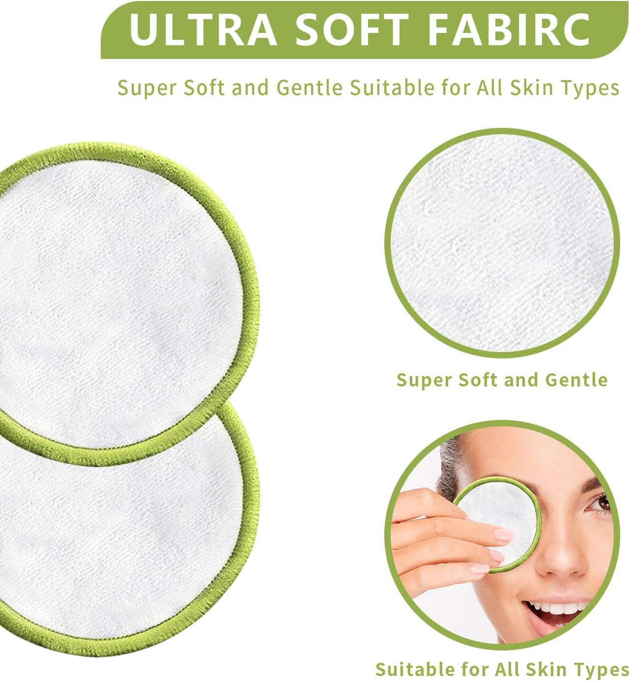 Reusable Cotton Rounds 20Pcs - 100% Natural Bamboo Cotton Pads for Face, Makeup Remover with Laundry Bag and Bamboo Holder (Green)