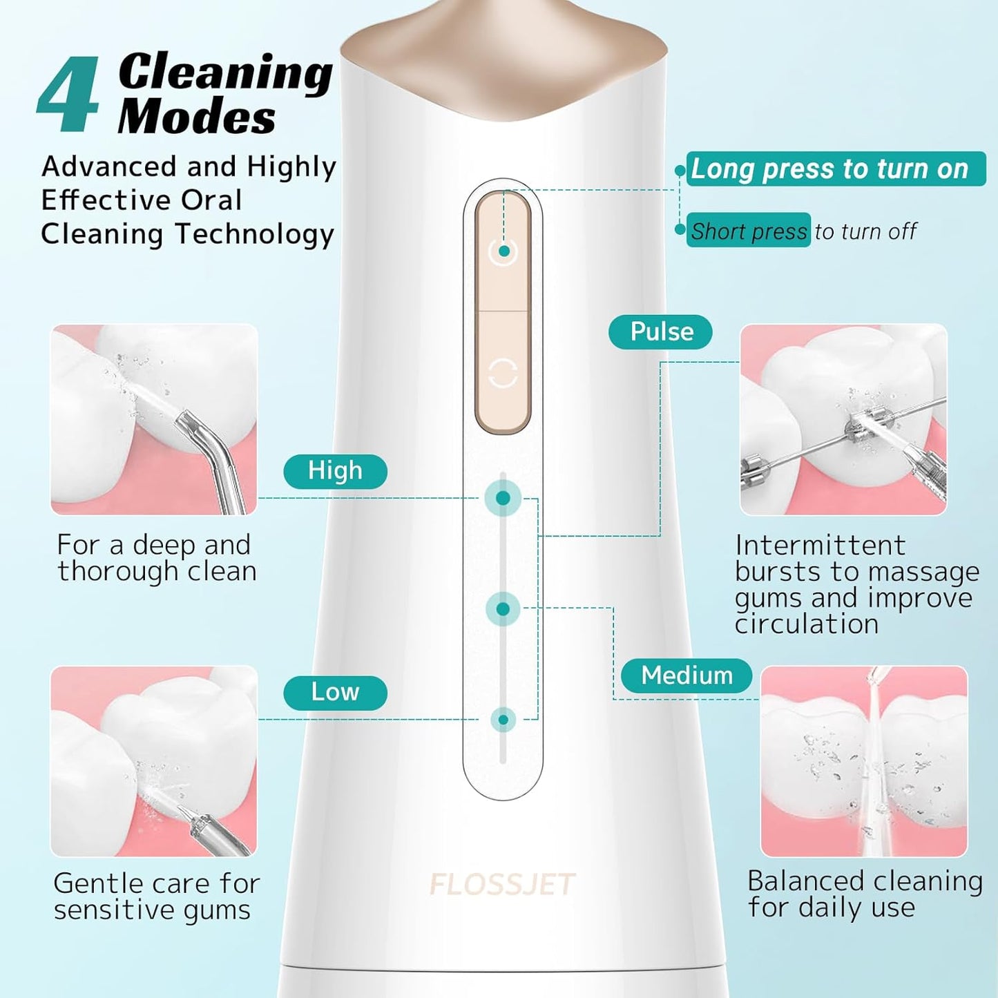 Water Dental Flosser Cordless Oral Irrigator with 300ml 5 Tips 4 Modes USBCharger Portable Travle Irrigation Cleaner IPX7 Electric Irrigador Dental for Teeth Cleaning (White)