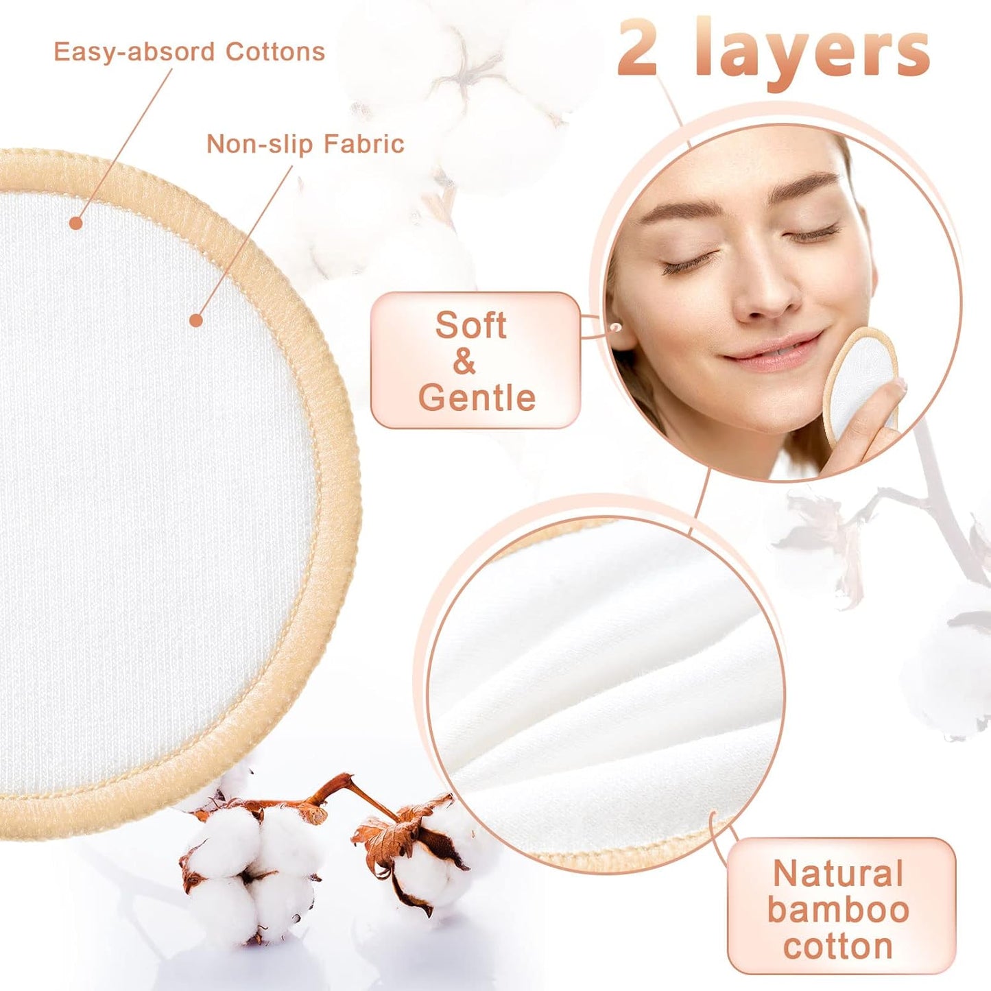 Foaincore 40 Pcs Reusable Makeup Remover Pads with Mesh Laundry Bag Washable Bamboo Cotton Rounds Soft Reusable Face Pad for Toner Skin Types with Bamboo Holder(White, Tan)