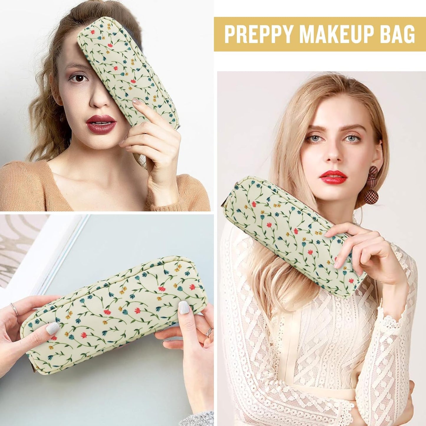 Nylon Small Floral Makeup Bag Slim Pouch, Preppy Cute Makeup Brush Case Bag Flower Cosmetic Zipper Pouch for Purse, Waterproof Travel Toiletry Bag Make Up Organizer for Women Girl(Light Yellow-Flower)