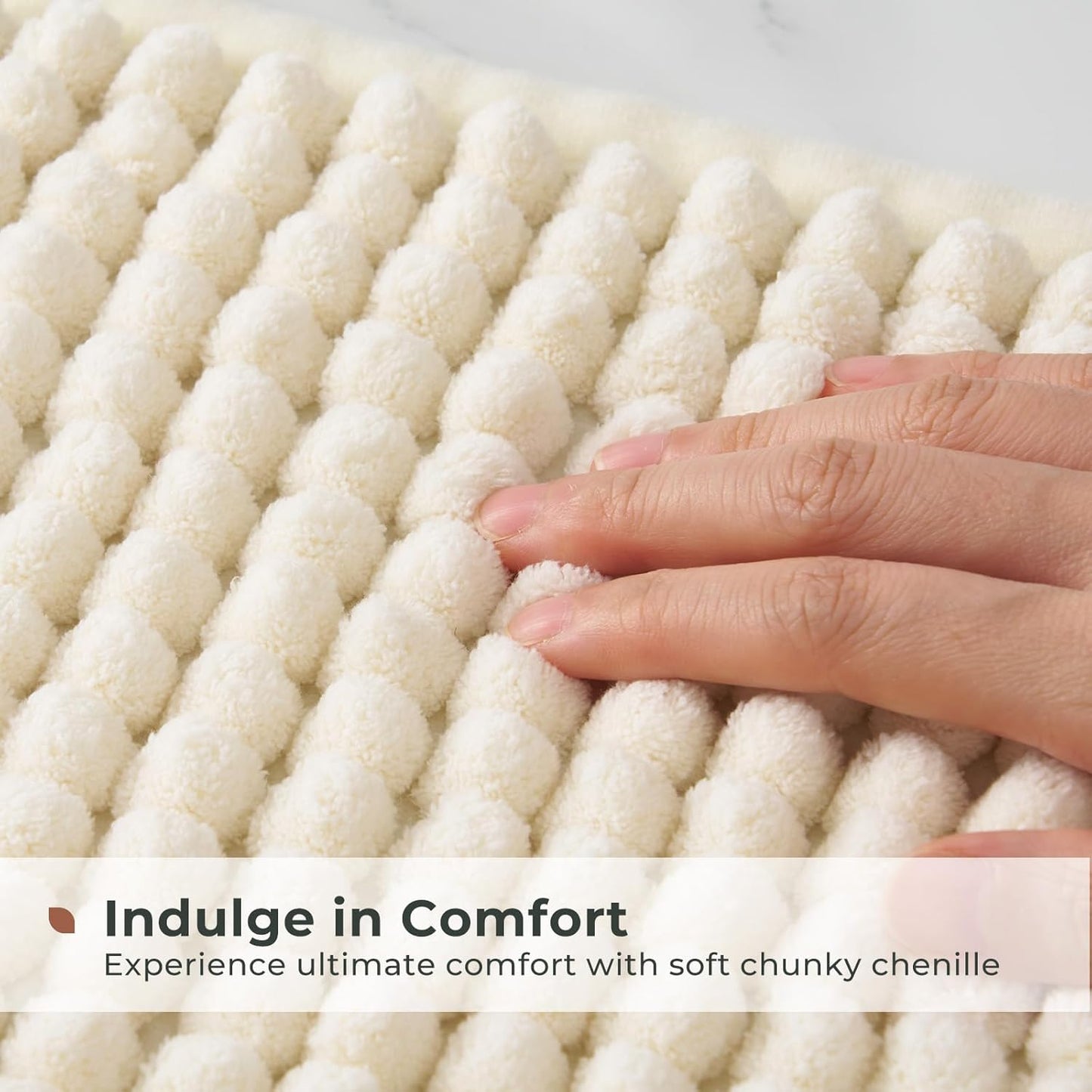 FRESHMINT Thick Chunky Chenille Bathroom Rug 17"x24", Non Slip Bath Mat, Soft Bathroom Decor, Cute Shower Mat, Water Absorbent, Washable, Cream White