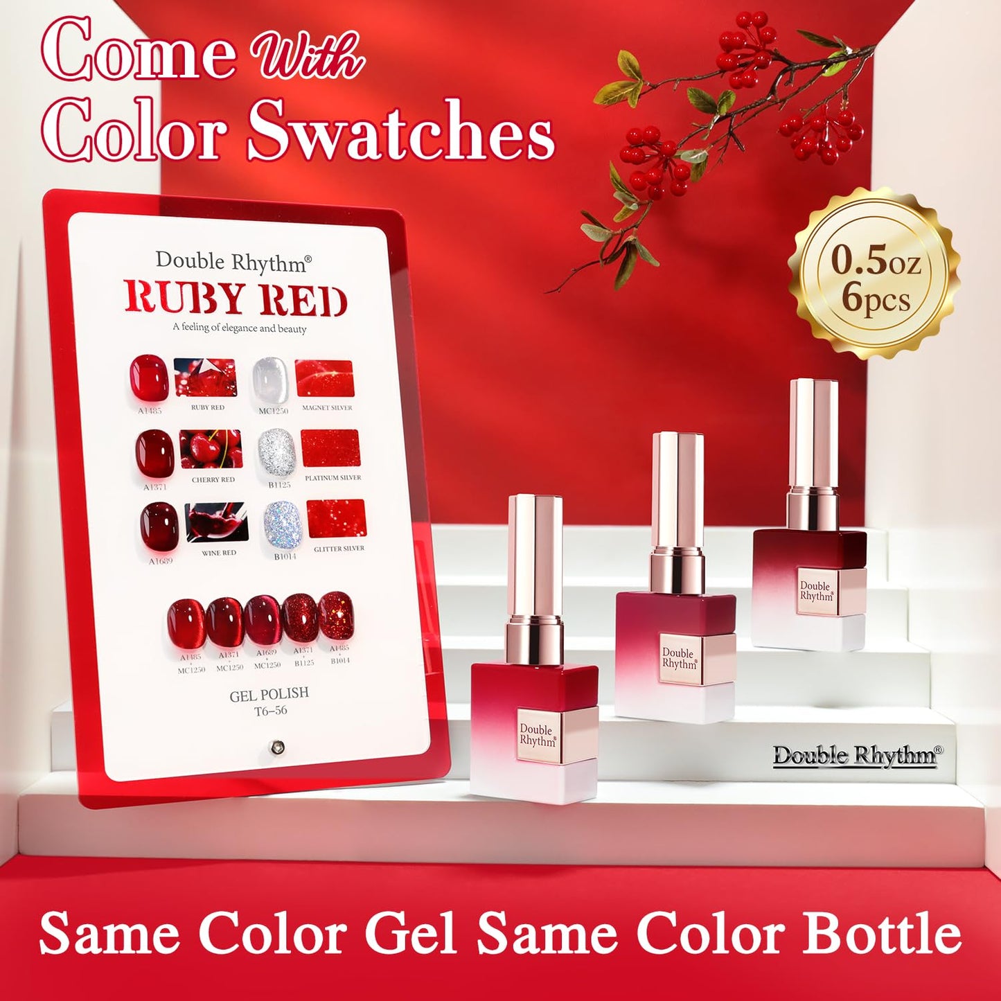 Double Rhythm 6 Pcs 15 ML Gel Polish Set Same Color Same Bottle Soak Off Gel Polish Kit Nail Art Manicure Salon DIY at Home for Women (Jelly Burgundy Red Glitter Silver -T6-56)