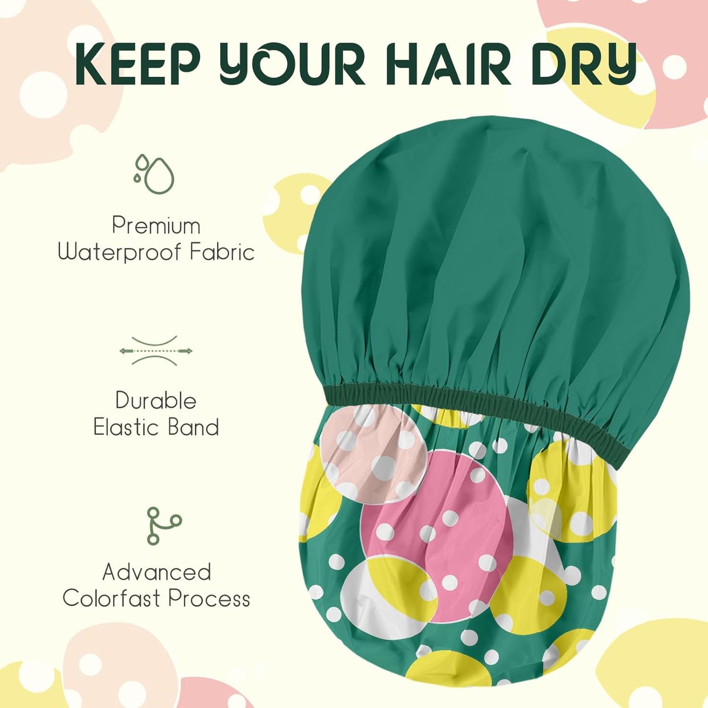 Years calm Luxury Shower Caps for Women Reusable Waterproof – Polka Dot Double Layer Bath Cap with Adjustable Elastic for Braids & Long Hair, Comfortable & Stylish, Versatile Use (Green)