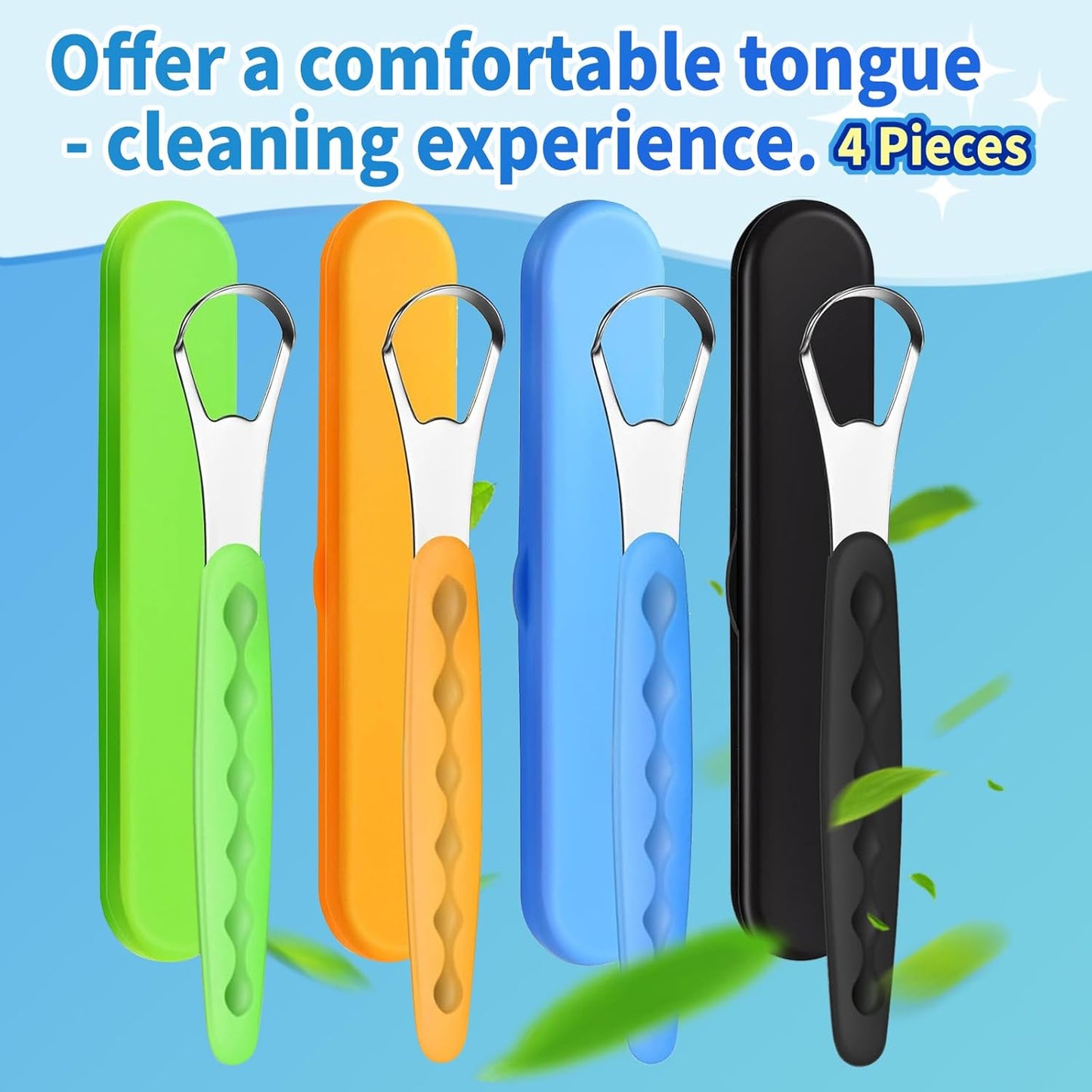 4-Pack Colorful Tongue Scraper for Adults with Travel Case, Stainless Steel, Metal Tongue Brush for Bad Breath, Oral Hygiene Tool, Easy to Use & Portable