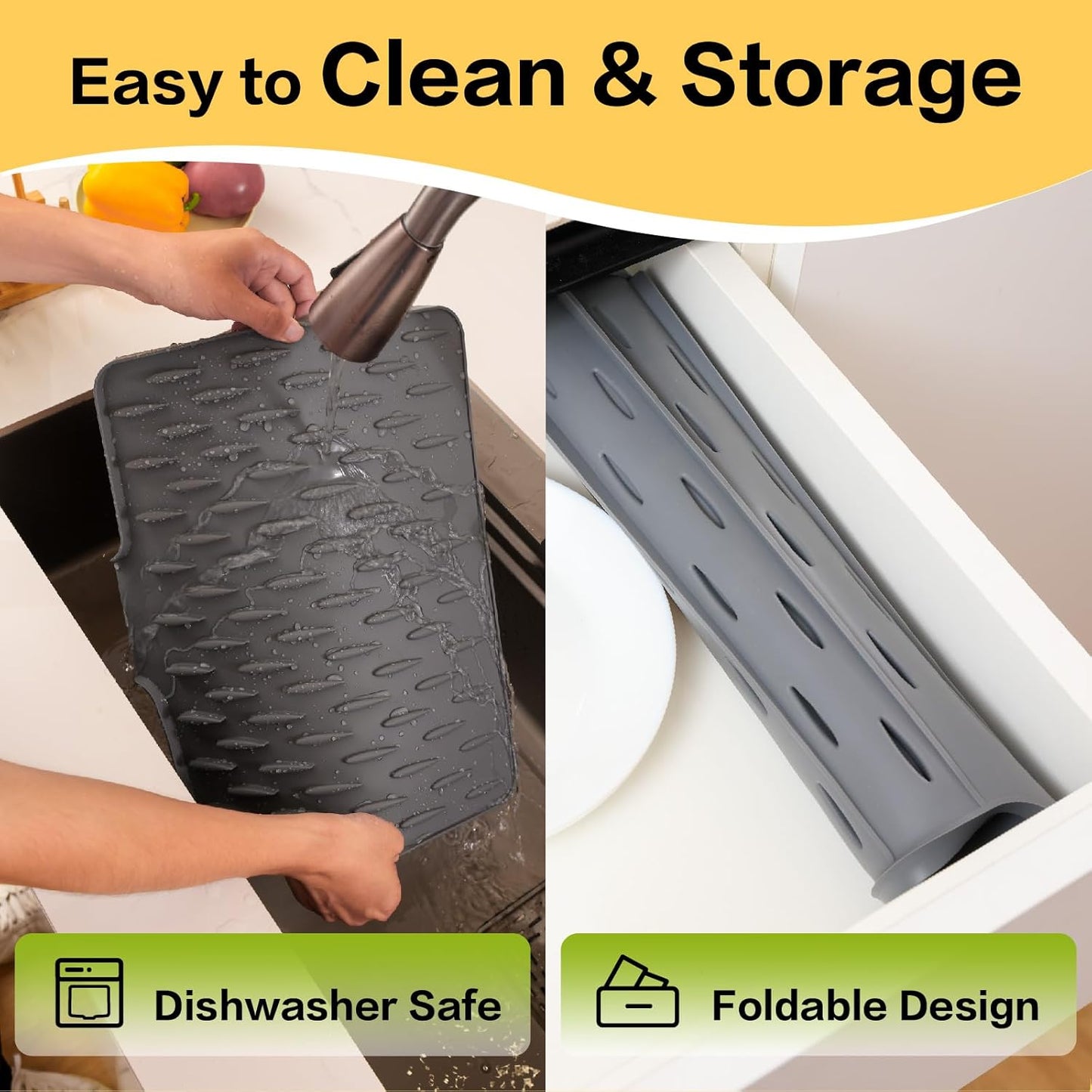 CHIKILLA Silicone Dish Drying Mat for Kitchen Counter, Fast Drainage Design for Vegetables Fruits, Heat Resistant, Non-Slip , Dishwasher Safe – 15.7x13 inch Urban Gray