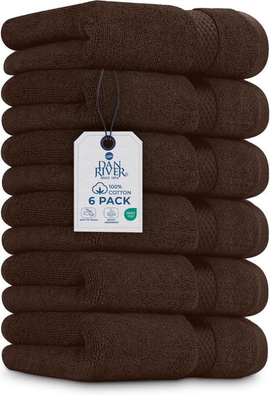 DAN RIVER 6-Pack Premium Hand Towels (16x28 Inches) - 100% Cotton, Ultra Soft, Lightweight, Highly Absorbent Towels for Bathroom, Spa, Gym, Salon, Hotel, and Travel - 550 GSM – Brown
