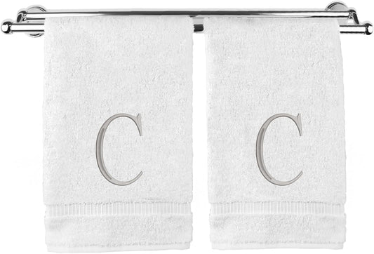 Monogrammed Hand Towel, Personalized Initial Gift, Extra Absorbent 100% Turkish Cotton - Soft Terry Finish - Set of 2 - Silver Block Initial C - Embroidered on White Towels