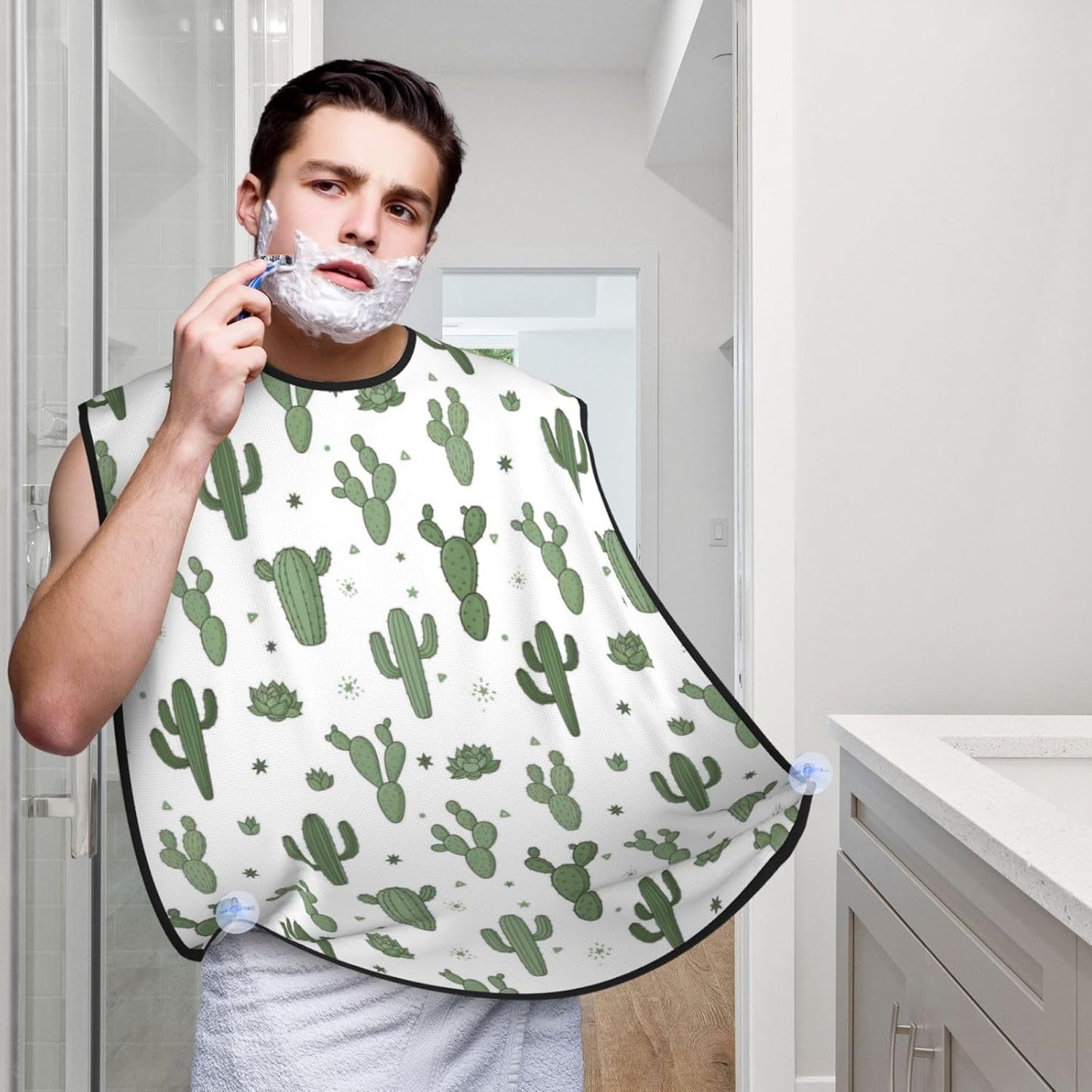 Adjustable Non-Stick Beard Apron, Hair Catcher Cape for Shaving Grooming, Waterproof with Suction Cups Men, Floral Cactus Shave Bib