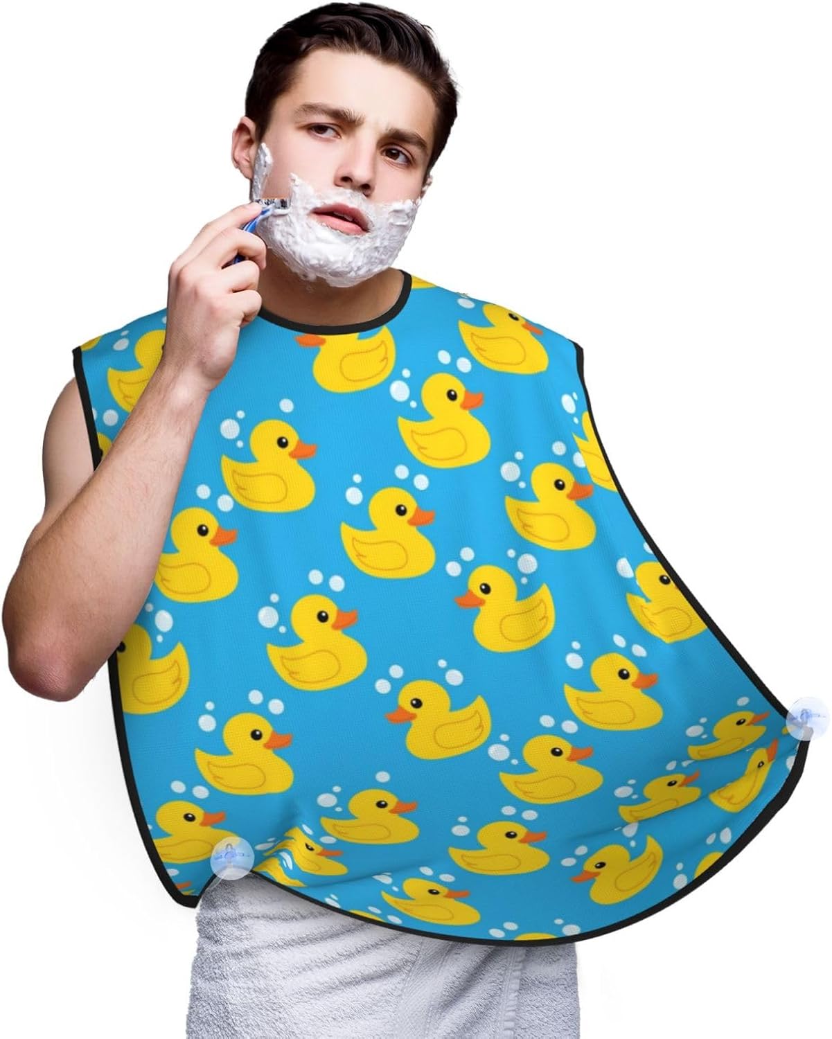 Non-Stick Beard Bib for Shaving, Yellow Rubber Duck Shave Bib, Waterproof Hair Catcher with Suction Cups, Grooming Apron Men Husband