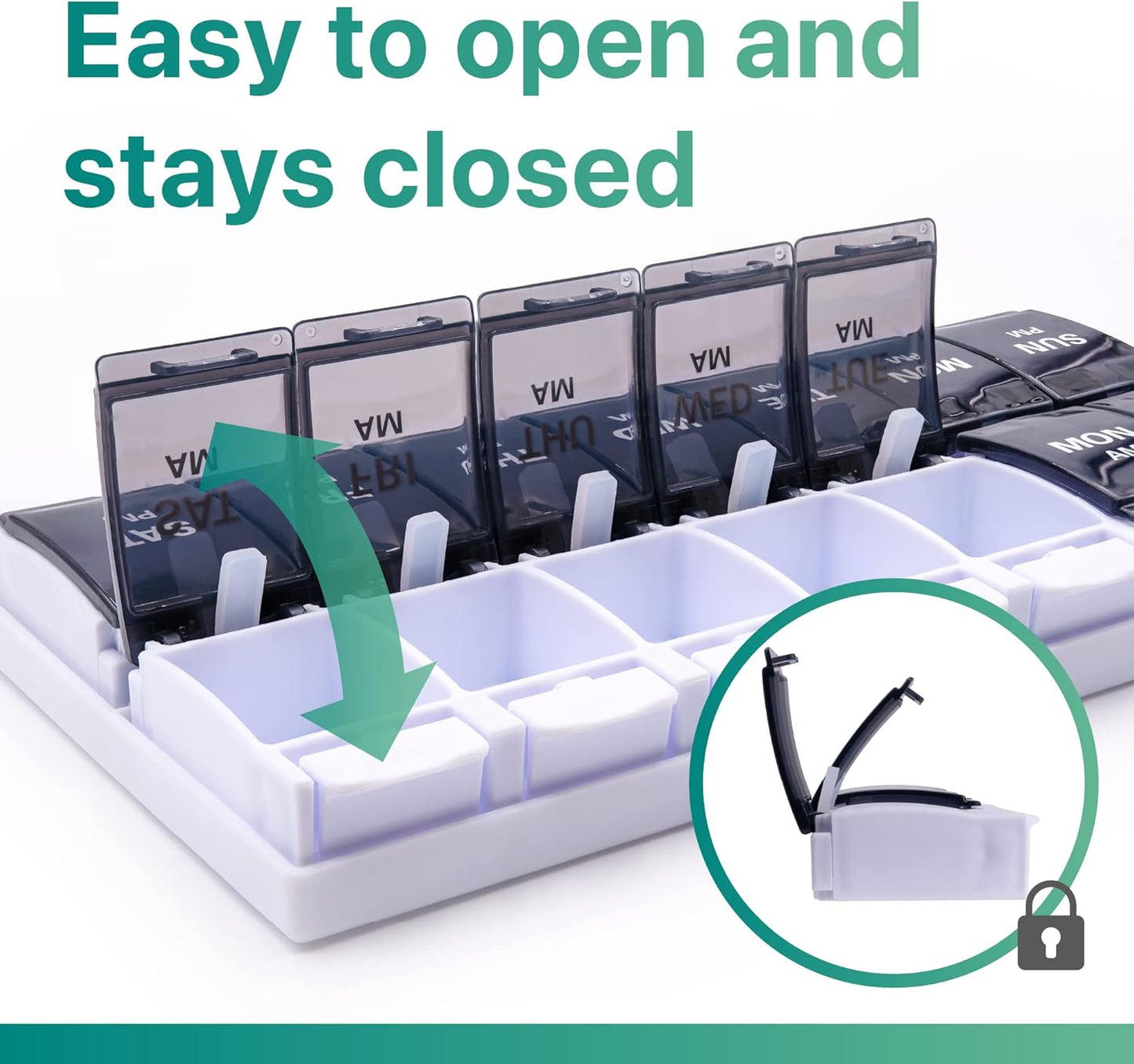 Sukuos AM PM Weekly 7 Day Pill Organizer, 2 Times A Day Pill Box with Arthritis Friendly Push Button, Medicine Cases for Vitamin/Fish Oil/Supplements, Easy to Clean (Black)