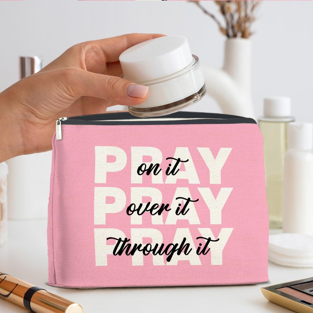 Inspirational Pray On It Pray Over It Makeup Bag Gifts for Women Christian Religious Pink Cosmetic Bag Zipper Pouch Travel