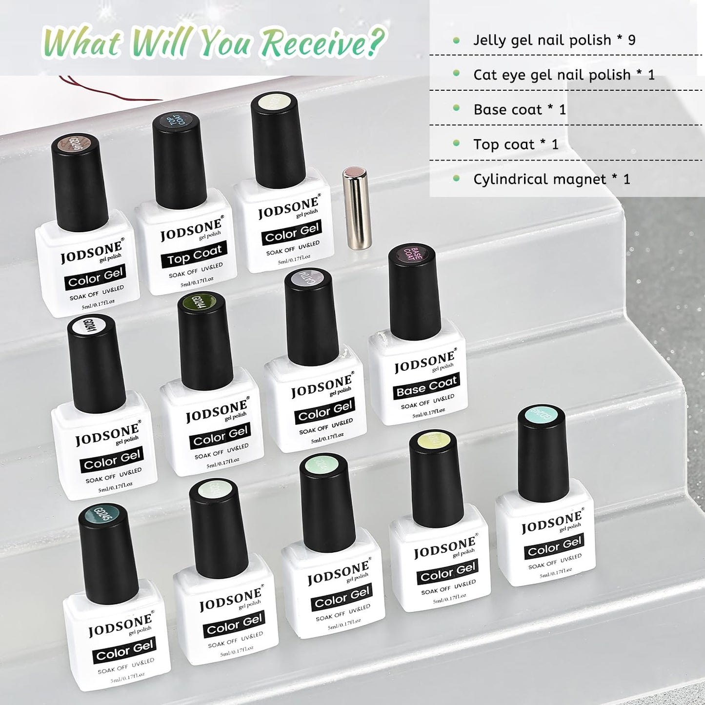 JODSONE 9 Cyan Colors Jelly Gel Nail Polish Set with Base Coat Top Coat Women's Holiday Gifts