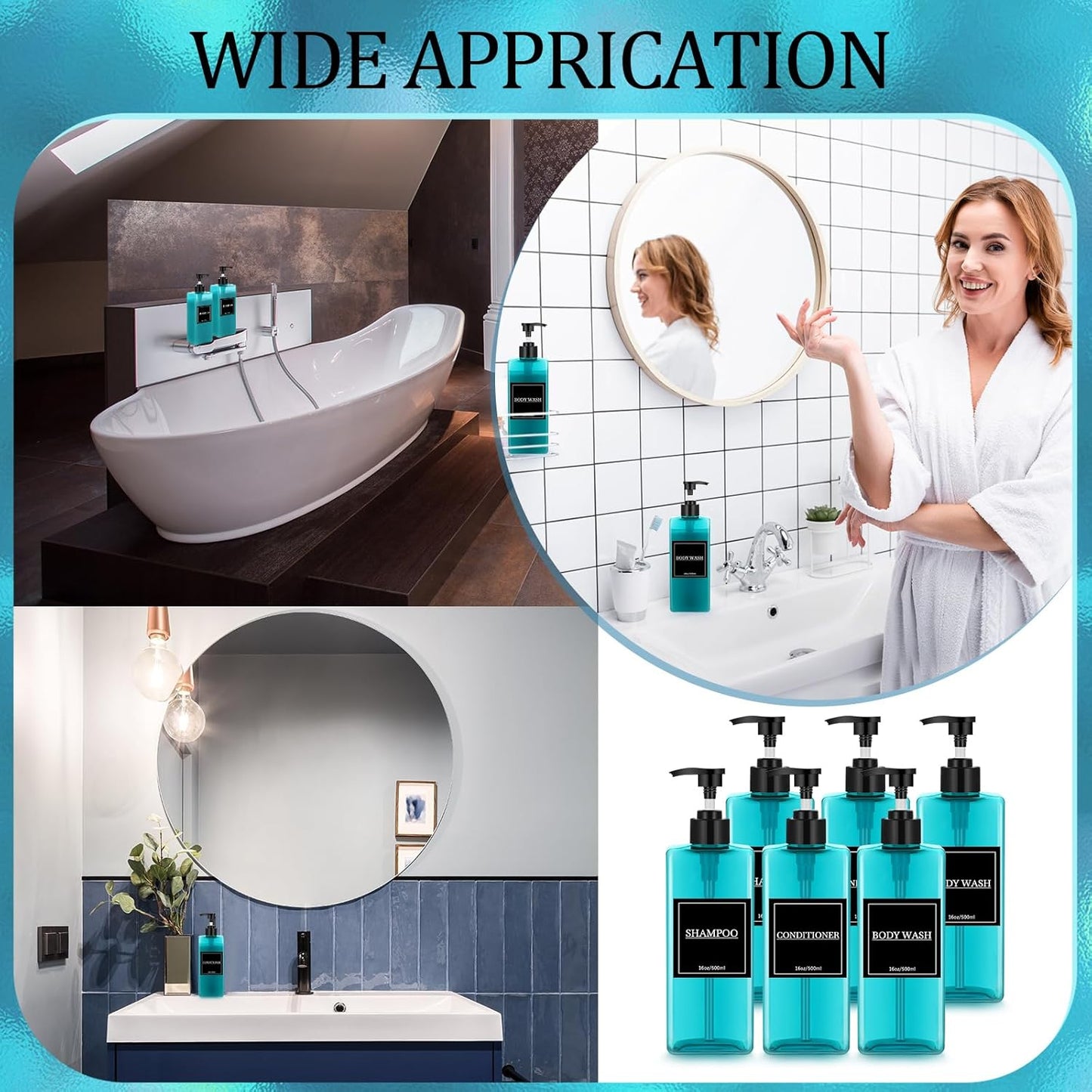 Tanlade 6 Pieces Shampoo and Conditioner Dispenser Bottles 16oz Modern Shower Soap Bottles with Pump, Labels and Marker Pen Easy to Refill Body Wash Dispensers for Home Bathroom Decoration