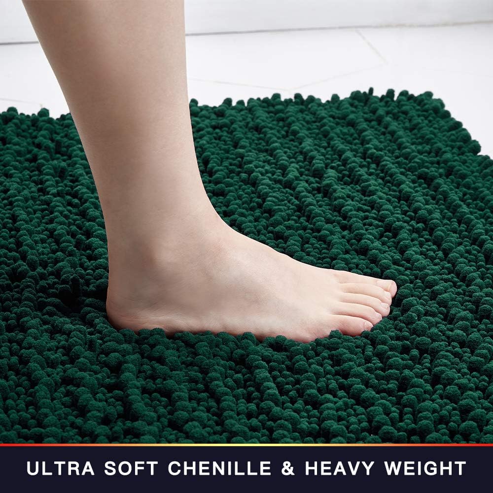Walensee Bathroom Rug 2 Pieces Set Non Slip Bath Mat (20"x32" Plus 20"x24" U Hunter Green) Water Absorbent Super Soft Shaggy Chenille Machine Washable Dry Extra Thick Perfect Carpet for Shower Floor