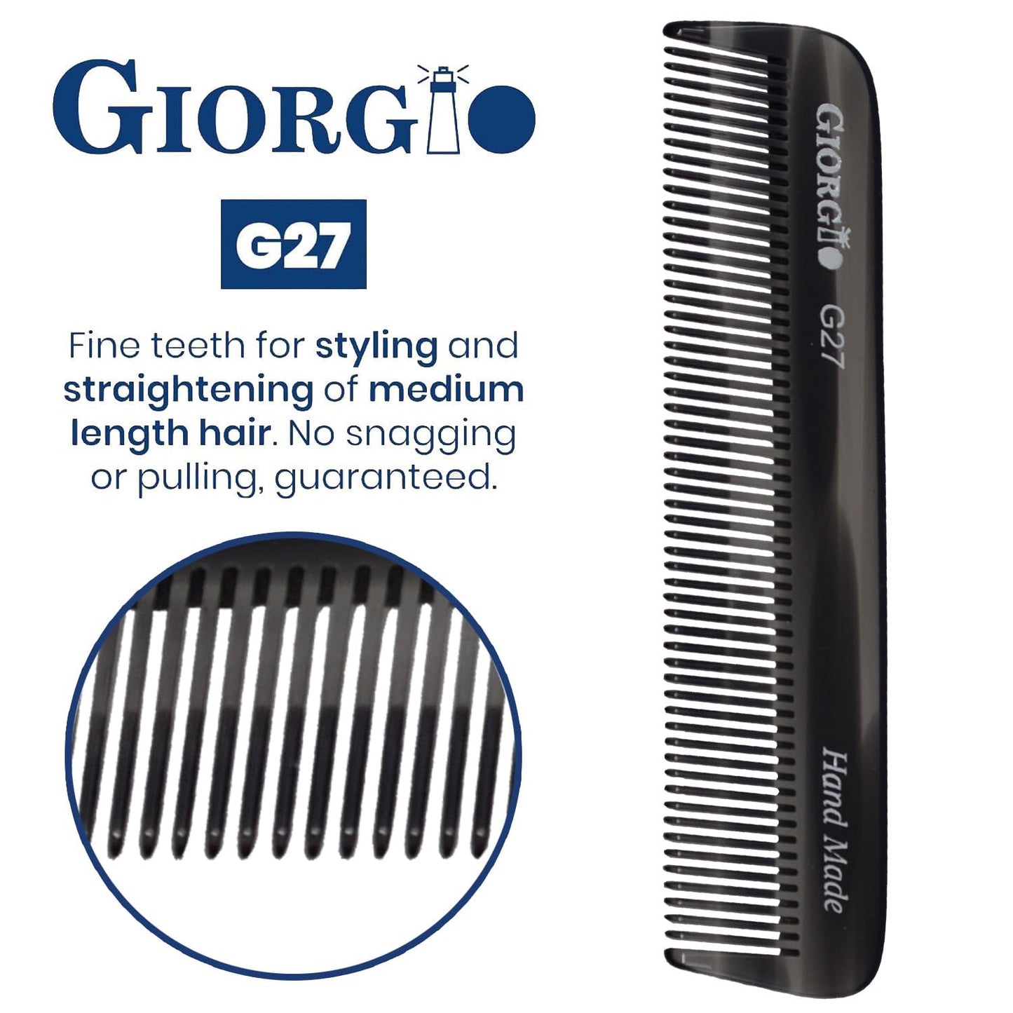 Giorgio G27 Handmade All Fine Tooth Pocket Comb, Hair Comb Straightener for Everyday Grooming Styling Hair, Mustache and Beard for Men Women and Kids, Saw Cut and Polished (Tortoiseshell)