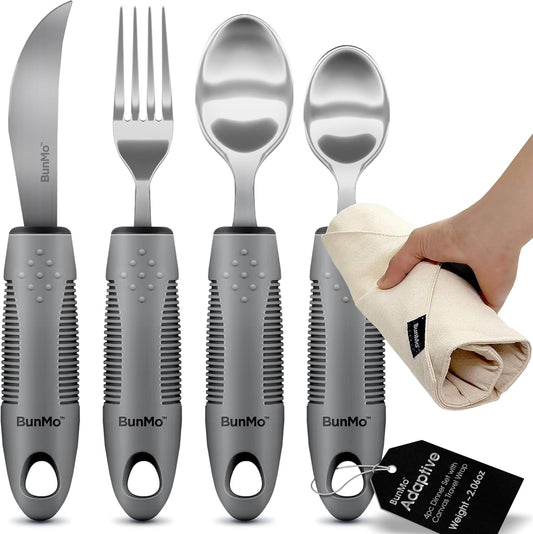 BUNMO Adaptive Utensils for Elderly, Tremors & Weak Hand Grips – 4pc Lightweight Assistive Silverware Set with Foam Easy Grip Handles – Discreet Canvas Travel Wrap – Dishwasher Safe