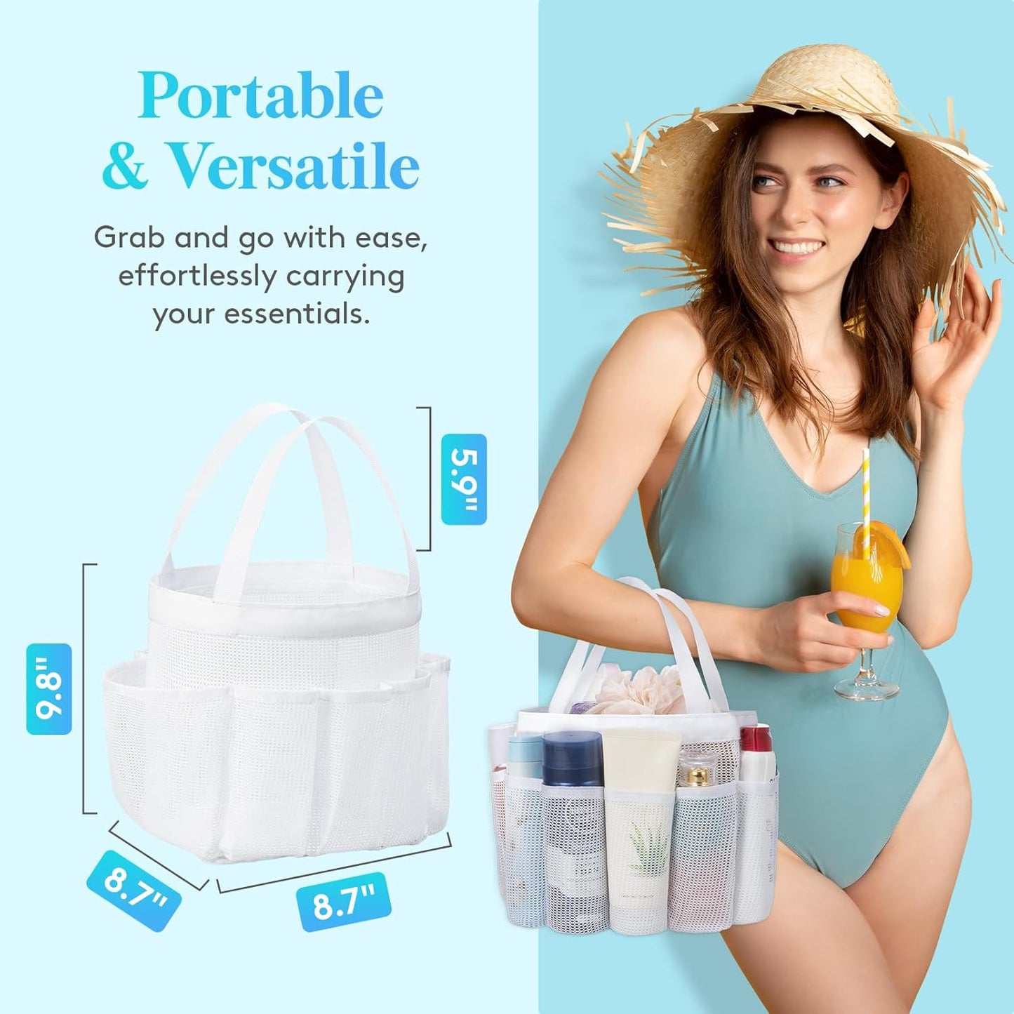 Lifewit Mesh Shower Caddy Freestanding Portable Shower Tote Bag for College Dorm, Bathroom, Gym, Travel, Quick Dry Hanging Shower Organizer with 7 Storage Pockets for Toiletry Essentials, White