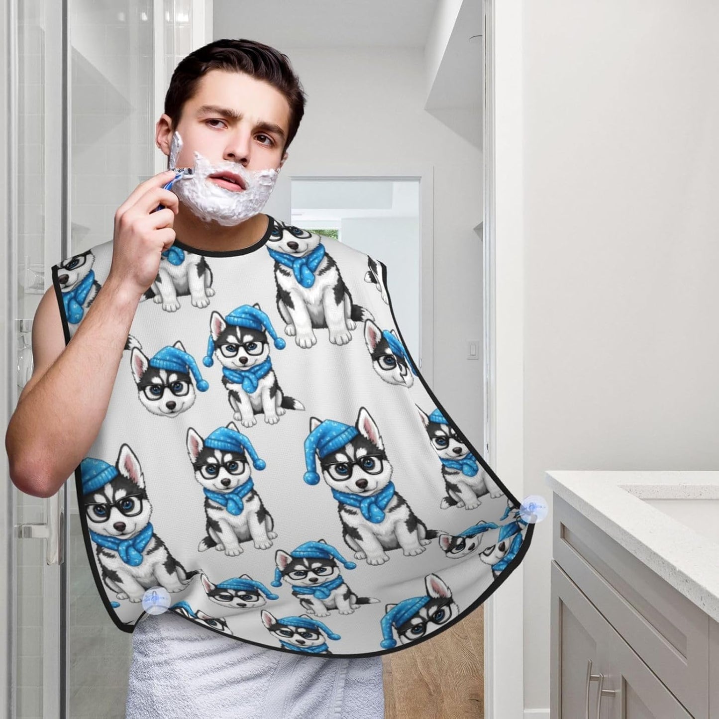 Men's Shaving Accessory Siberian Husky Puppy Dog, Waterproof Beard Apron with Hair Catcher & Suction Cups