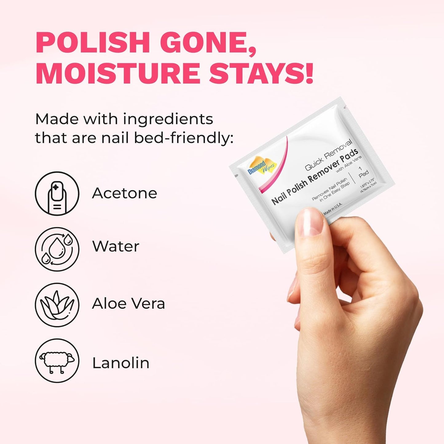 Diamond Wipes Nail Polish Remover Wipes with Aloe Vera, Acetone Nail Polish Remover Pads, Case of 500 Individually Wrapped Nail Polish Wipes