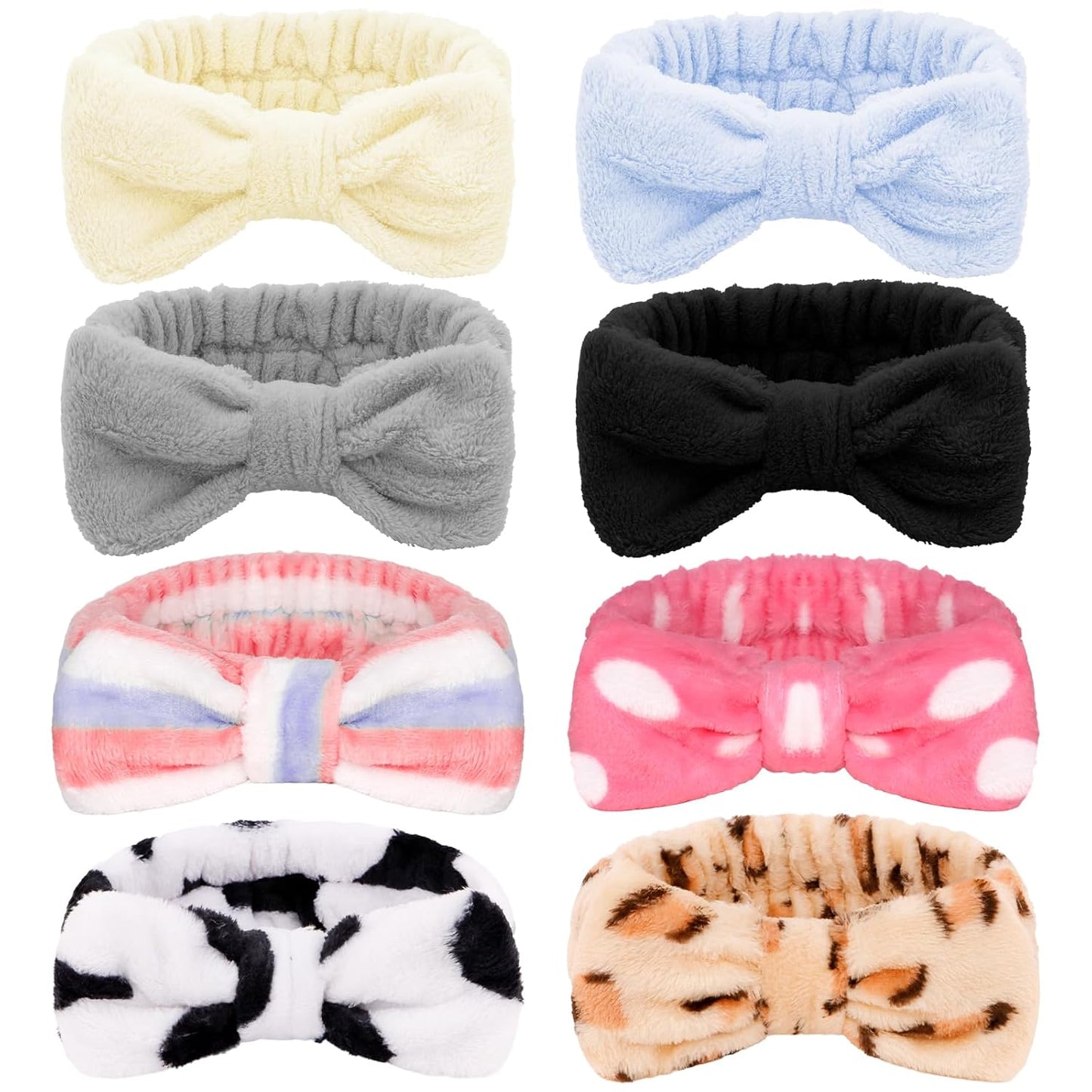 Ondder 8 Pack Spa Headbands for Face Washing - Fluffy Shower Cosmetic Face Wash Head Bands for Women & Girls - Leopard & Polka Dot Solid Color