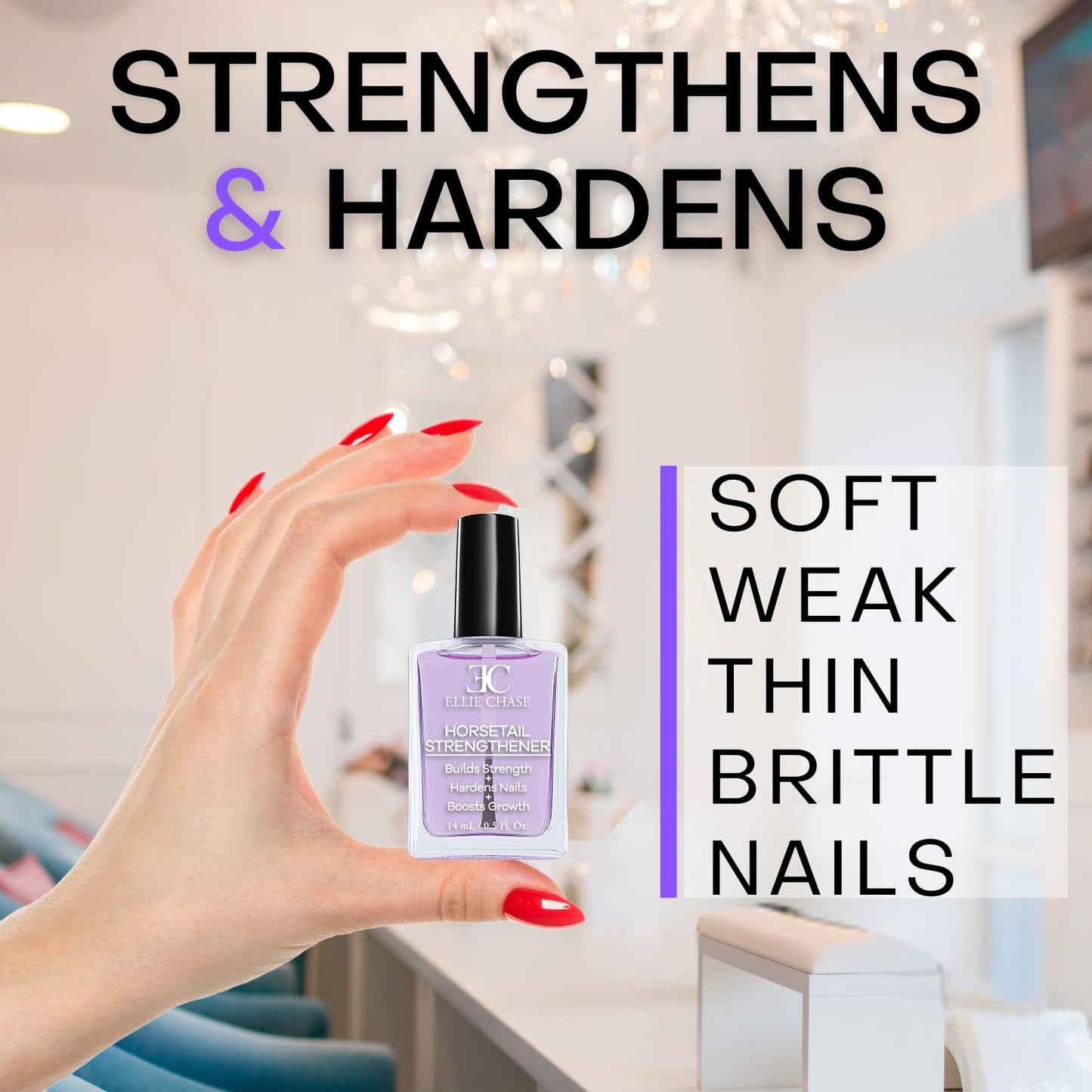 Ellie Chase Horsetail Nail Strengthener, Growth, Hardener, Repair Treatment Polish 0.5 OZ/Help Splits, Breaks, Thin, Weak, Chipped, Damaged, Cracked, Peeling Nails/Grow Strong Hard Thicker Nails