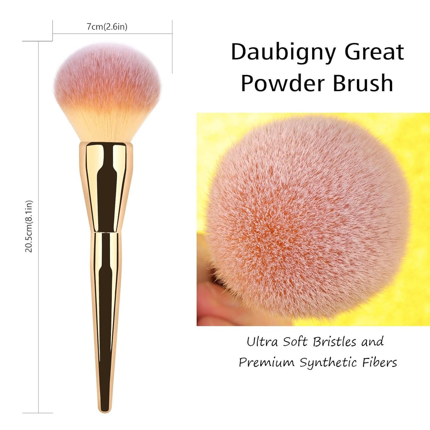 Powder Brush,Daubigny Large Powder Brush Flat Arched Premium Durable Kabuki Makeup Brush Perfect For Blending Liquid,Cream and Flawless Powder,Buffing, Blending,Concealer (Gold)