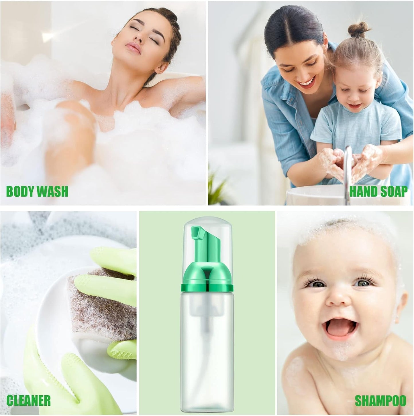 Lil Ray 2 Oz Empty Frosted Green Foam Pump Bottle, Travel Foamer Soap Dispenser for Lash Shampoo, Hand Soap, Foaming Cleaner(Green Pump, 12 PCS)