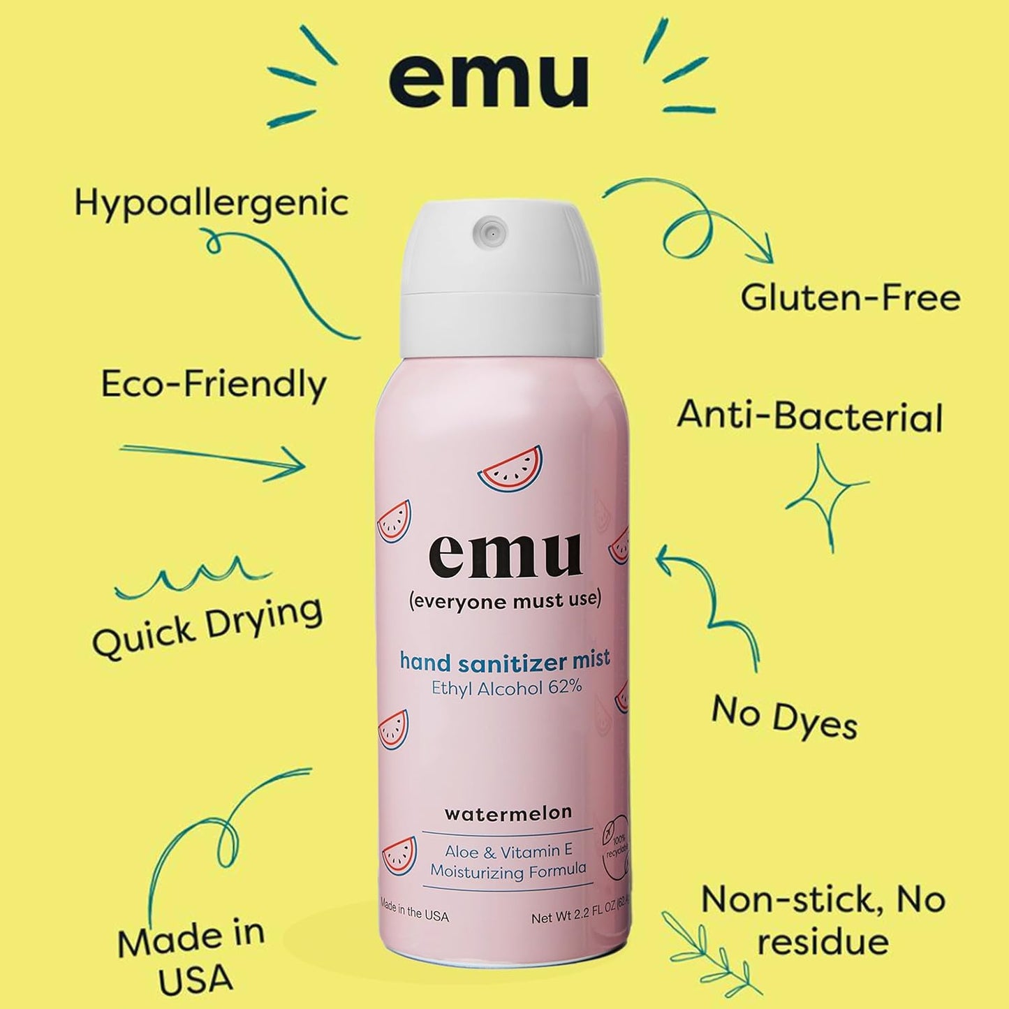 EMU (EVERYONE MUST USE) Hand Sanitizer pocket spray, Travel size 2.2oz. Cleanses Your Hands, Hydrating. Hand soap bulk. 24-hour disinfectant sanitizing. Made in USA (Watermelon_3)